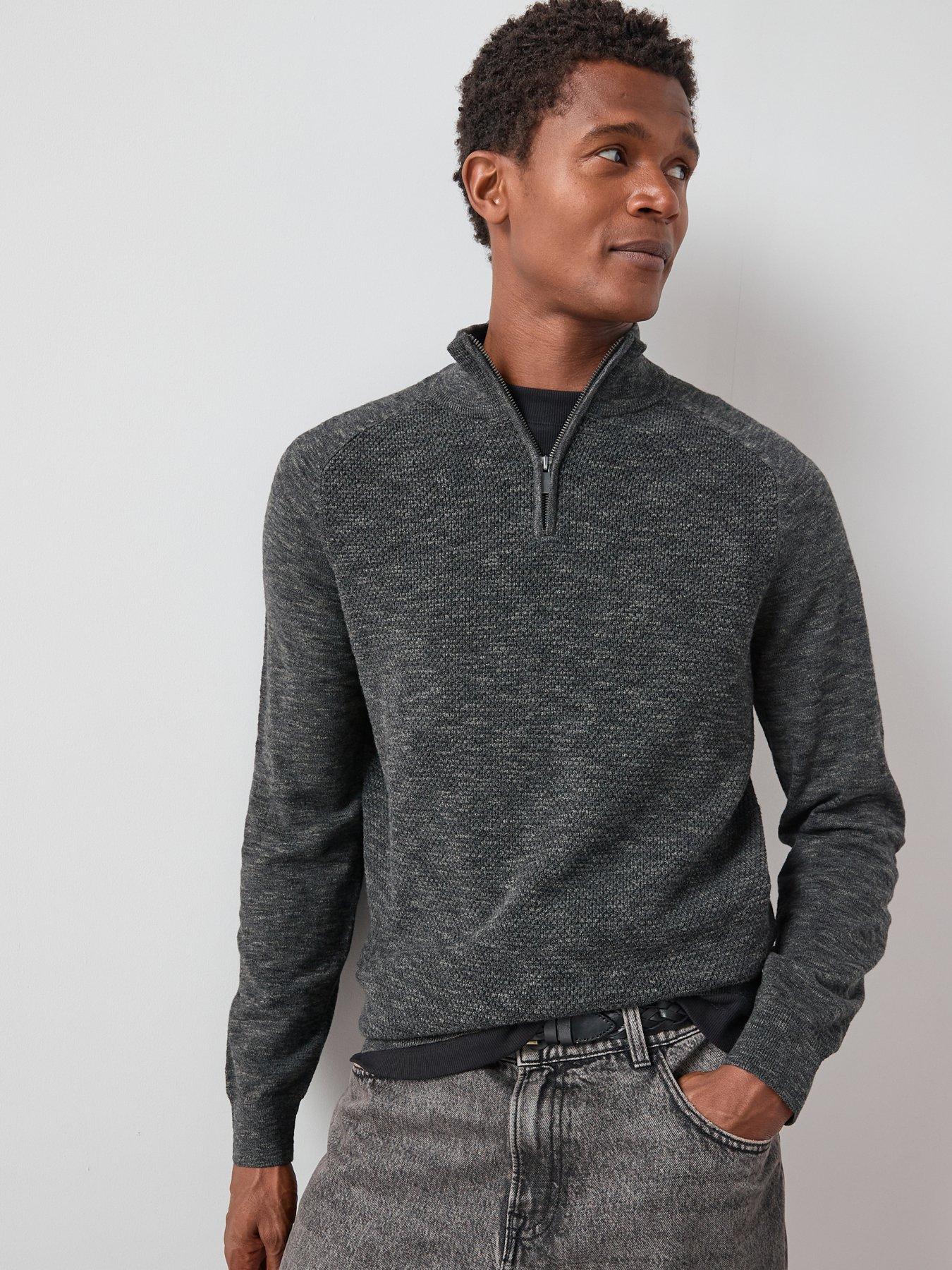 The Very Collection Textured Tri-Marl 1/4 Zip Jumper - Charcoal