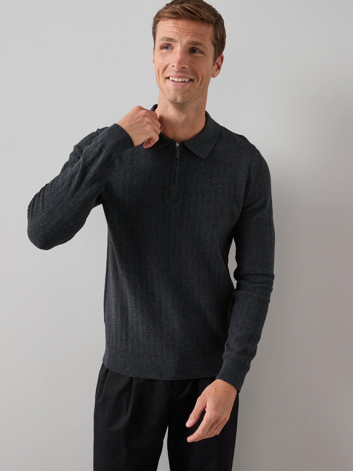 The Very Collection Cotton Rich Textured 1/4 Zip - Charcoal