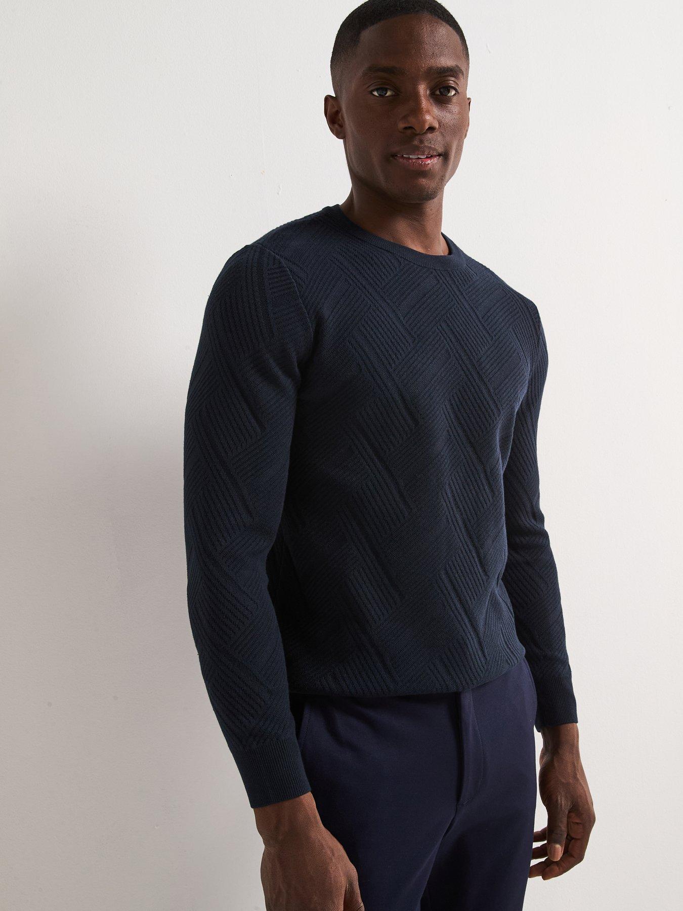 undefined Diamond Jacquard Crew Neck Knitted Jumper With Cotton - Navy