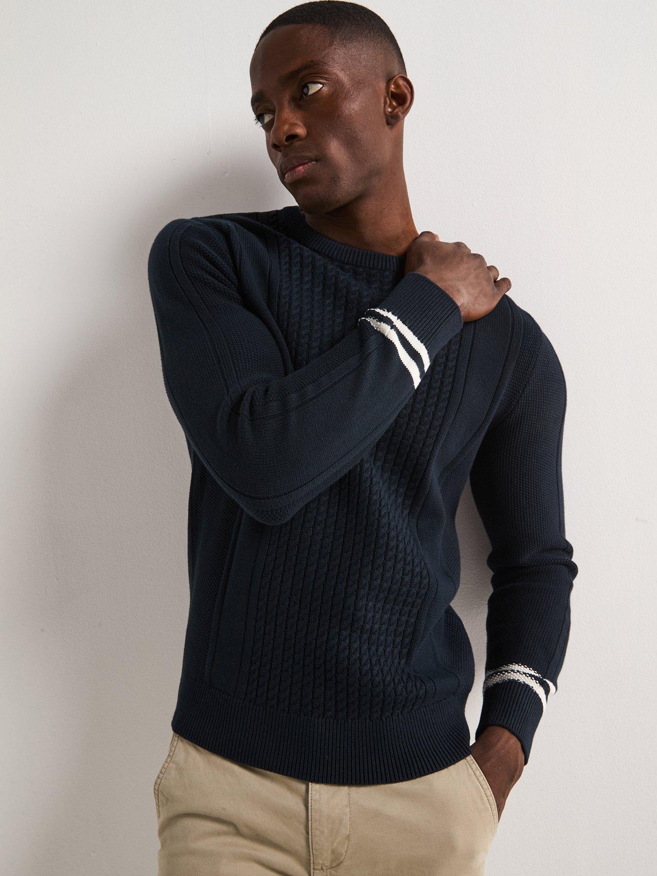 Very Man Pure Cotton Cable Knit Crew - Navy