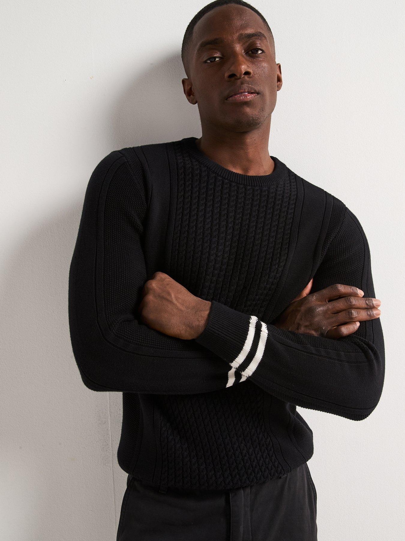 Very Man Pure Cotton Cable Knit Crew - Black