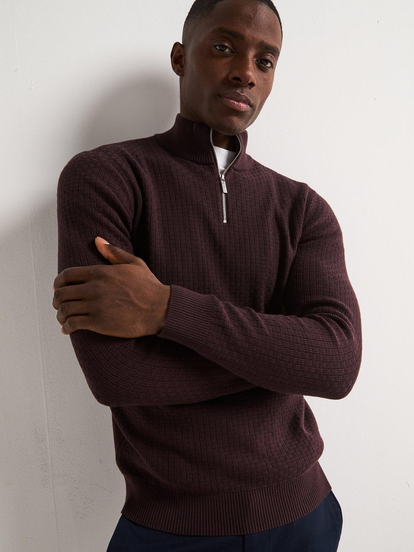 Very Man Textured 1/4 Zip Jumper With Cotton - Burgundy