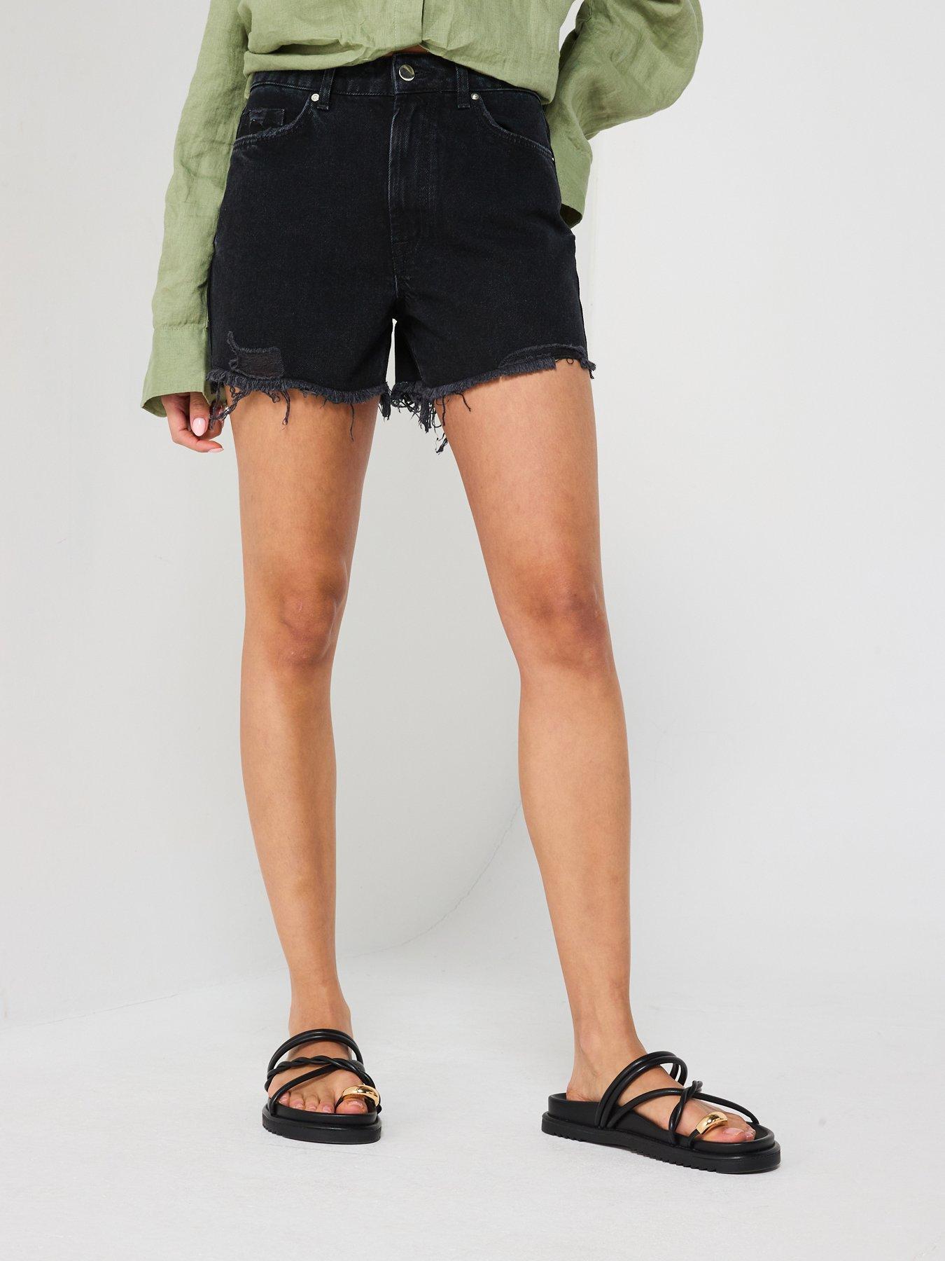 Image 1 of 6 of V by Very High Waist Distressed Hem Shorts - Black