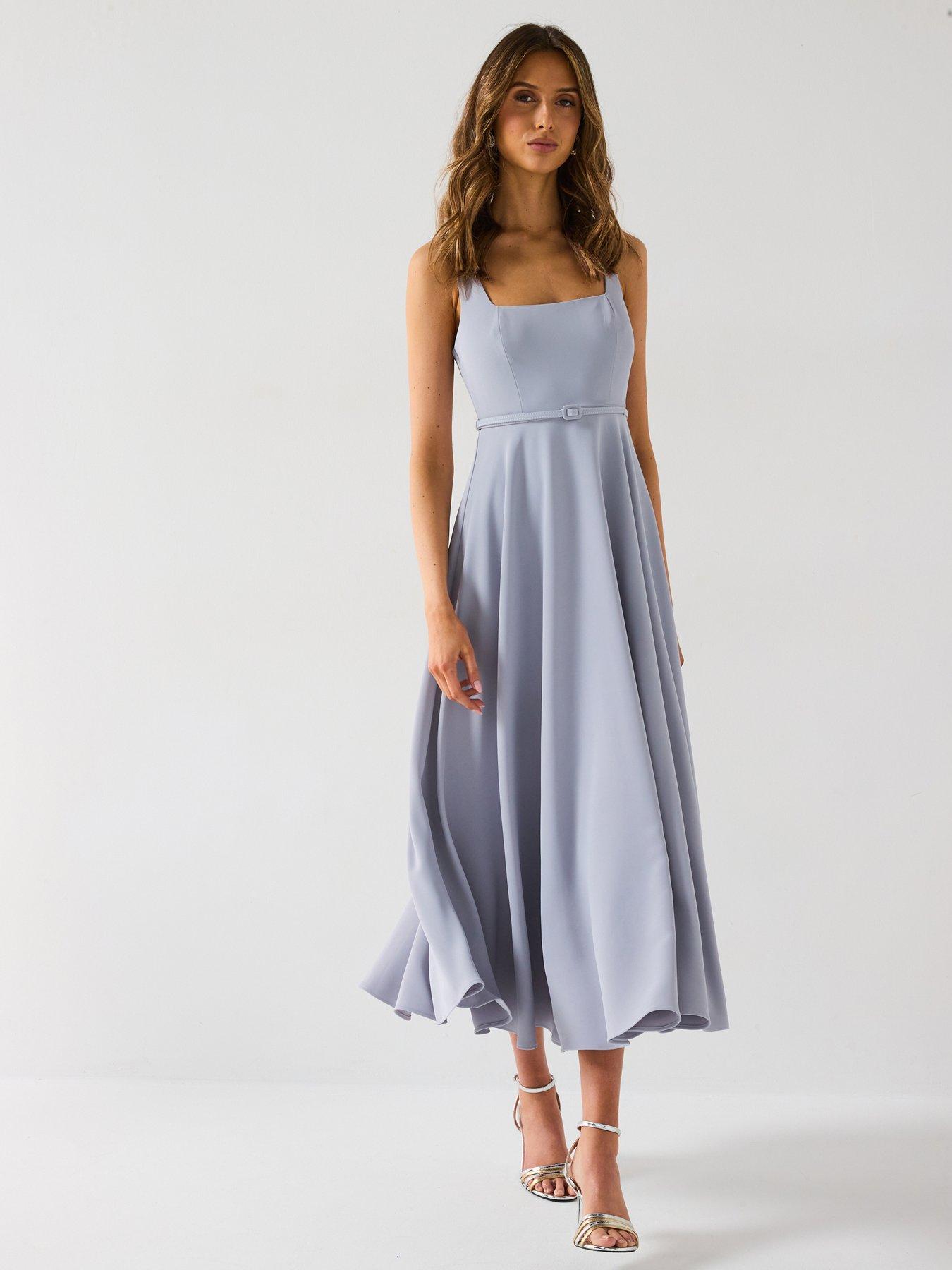 Image 1 of 6 of Six Stories Square Neck Belted Midi Dress - Blue