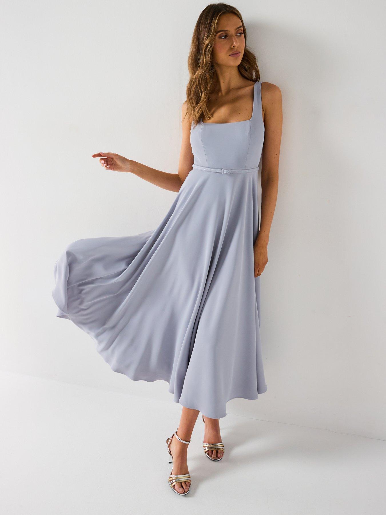 Image 6 of 6 of Six Stories Square Neck Belted Midi Dress - Blue