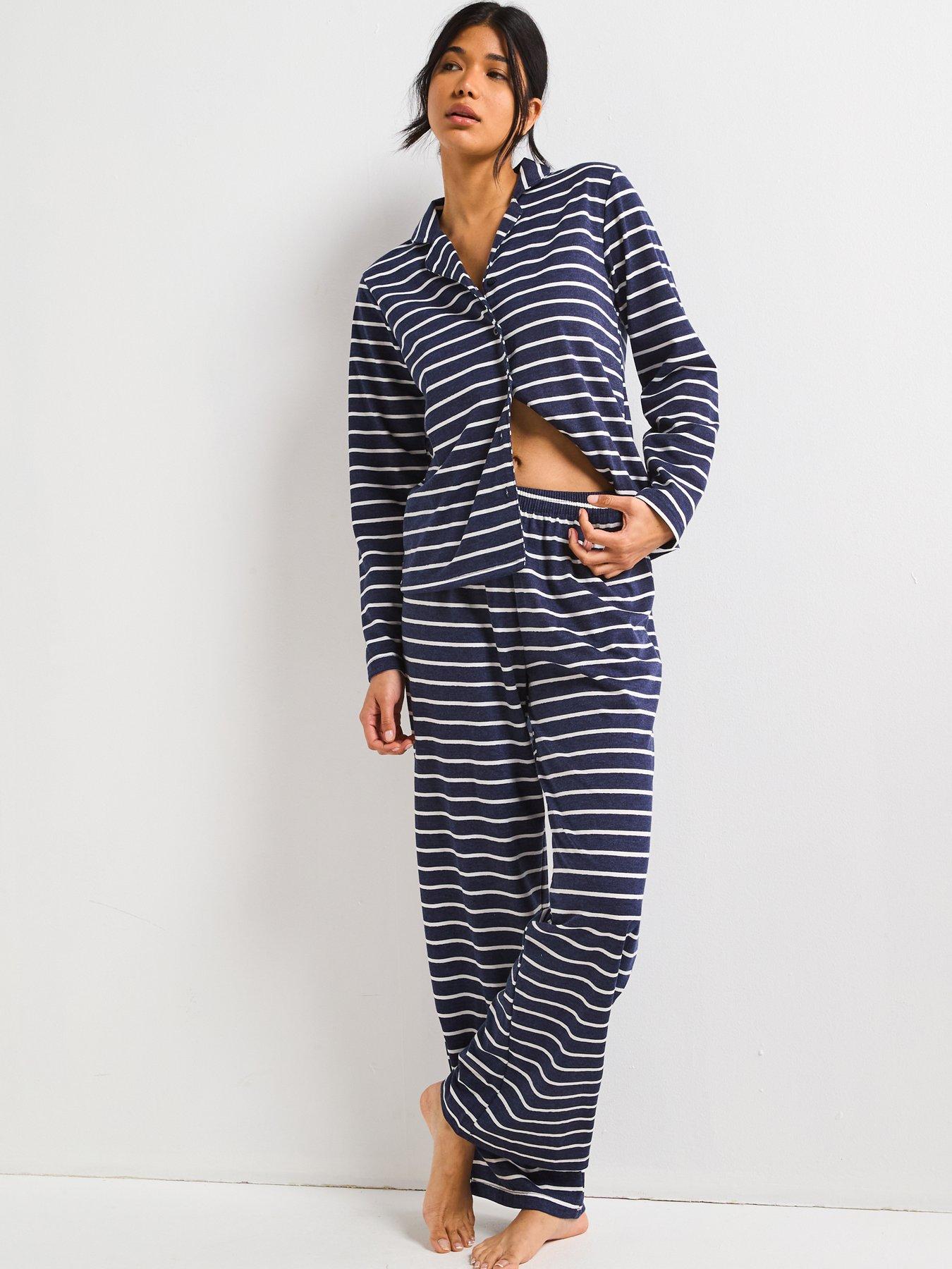 V by Very Marl Stripe Soft Touch Revere Pyjama Set - Navy