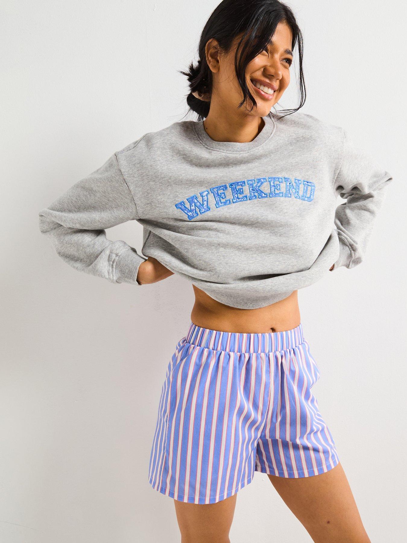 V by Very Slogan Sweat And Striped Short Pyjama Set - Grey