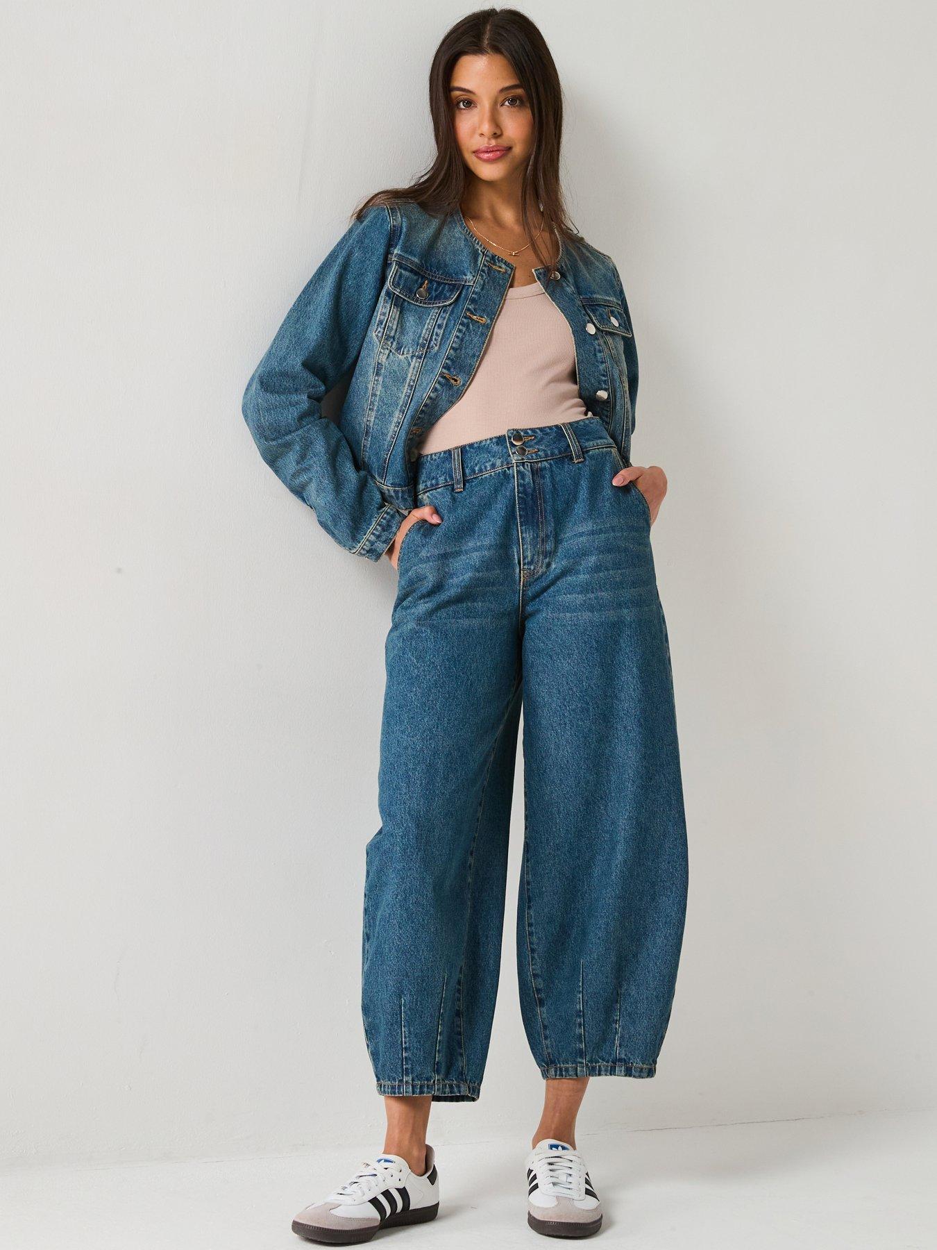 V by Very Double Button Barrel Leg Jeans - Mid Wash