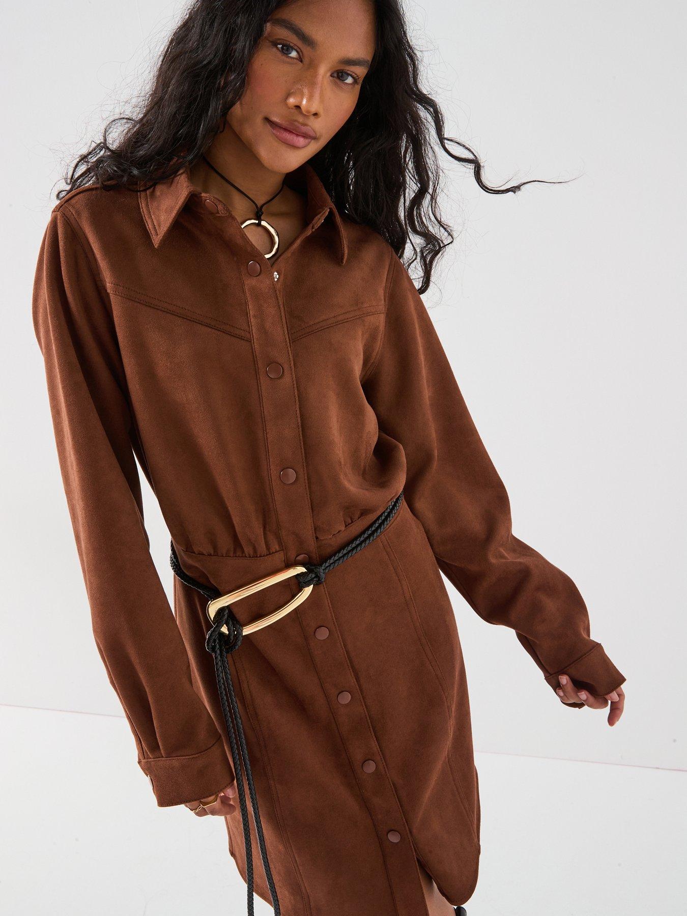 V by Very Suedette Western Dress - Chocolate - Brown