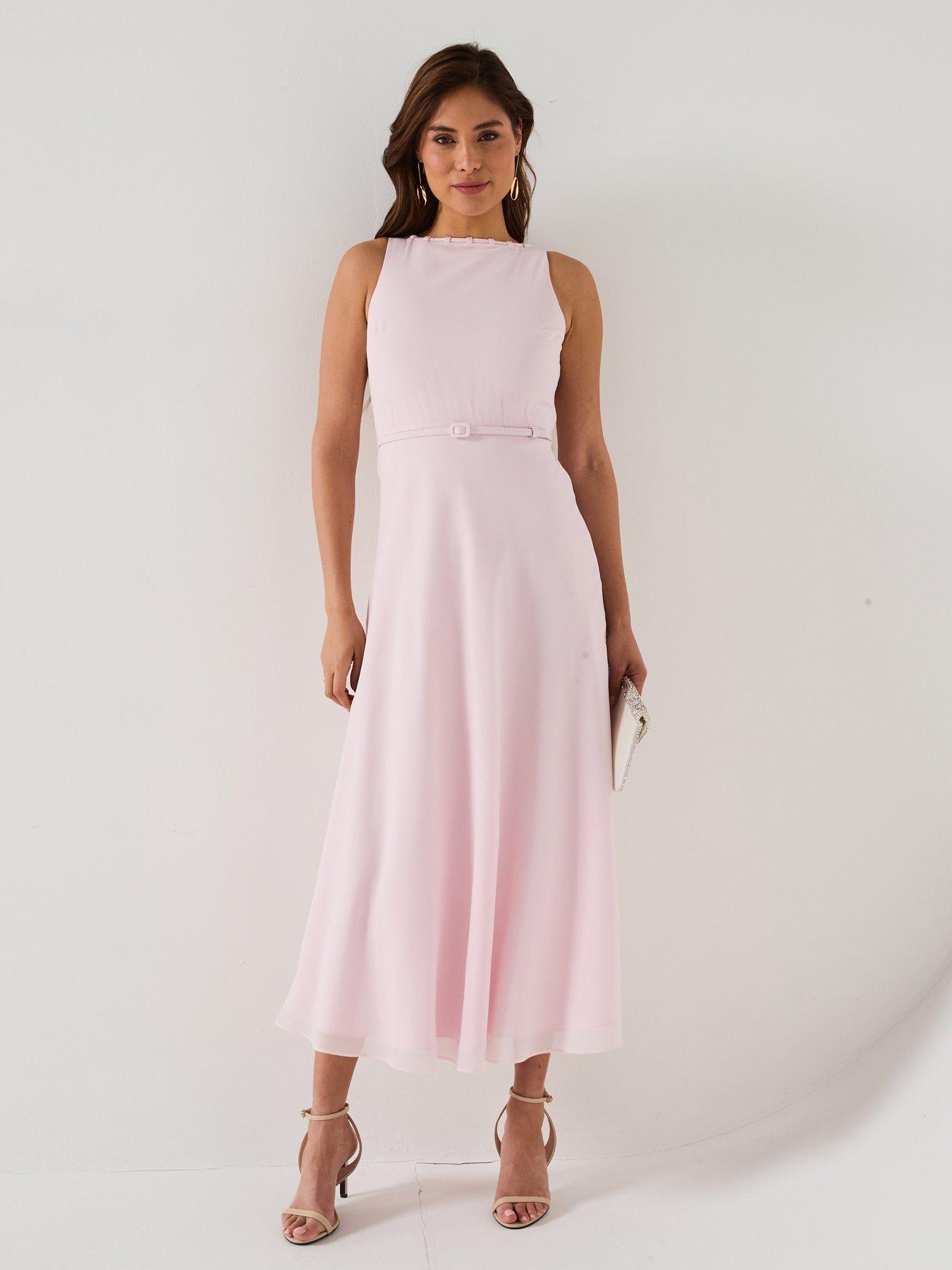 Image 1 of 6 of Six Stories Tailored Trim Detail Satin Midi Dress - Pink