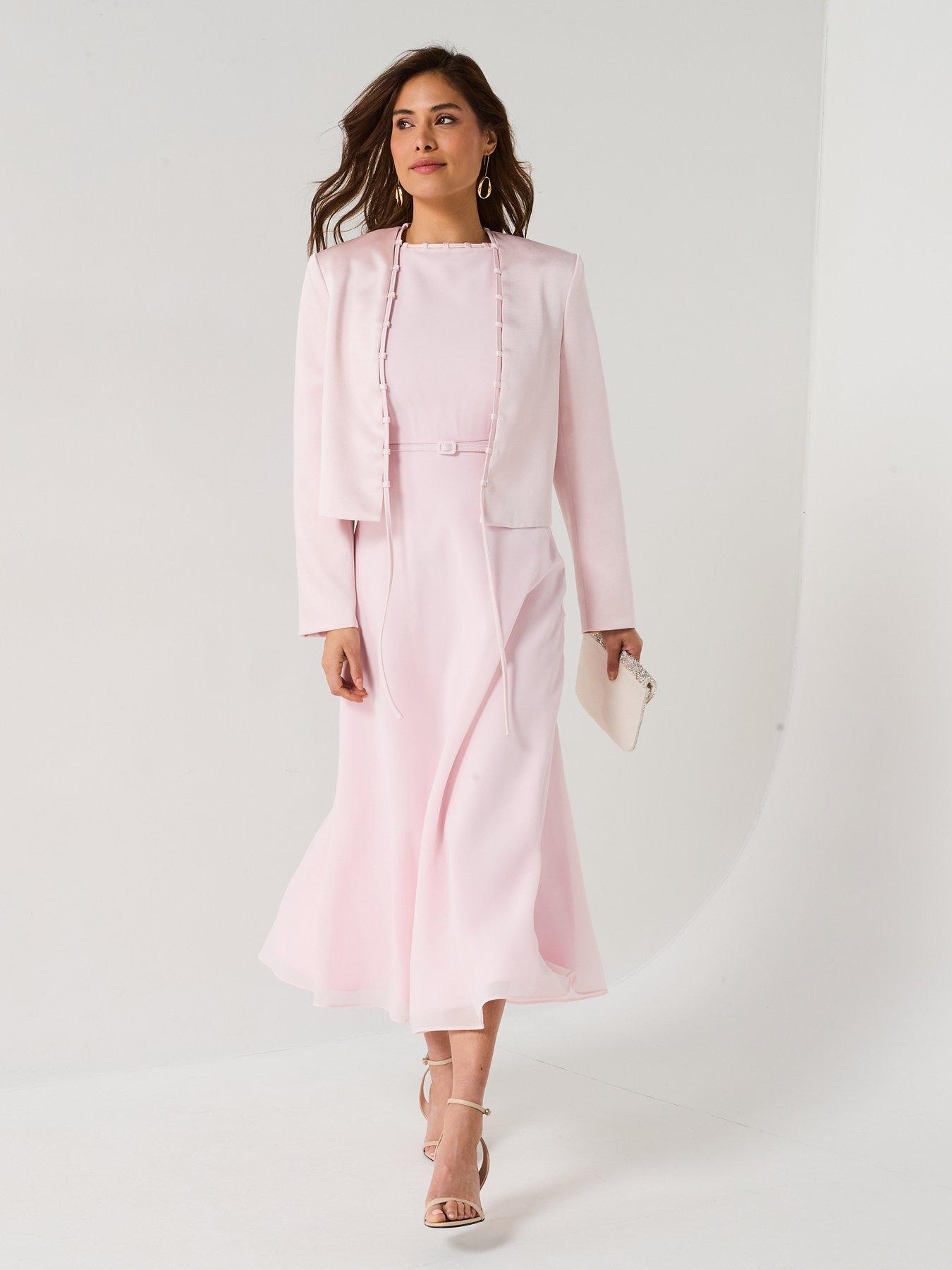 Image 3 of 6 of Six Stories Tailored Trim Detail Satin Midi Dress - Pink