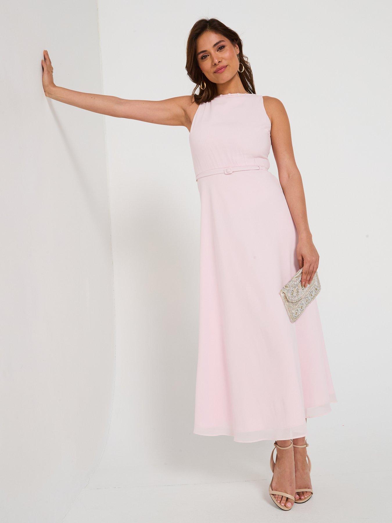 Image 4 of 6 of Six Stories Tailored Trim Detail Satin Midi Dress - Pink