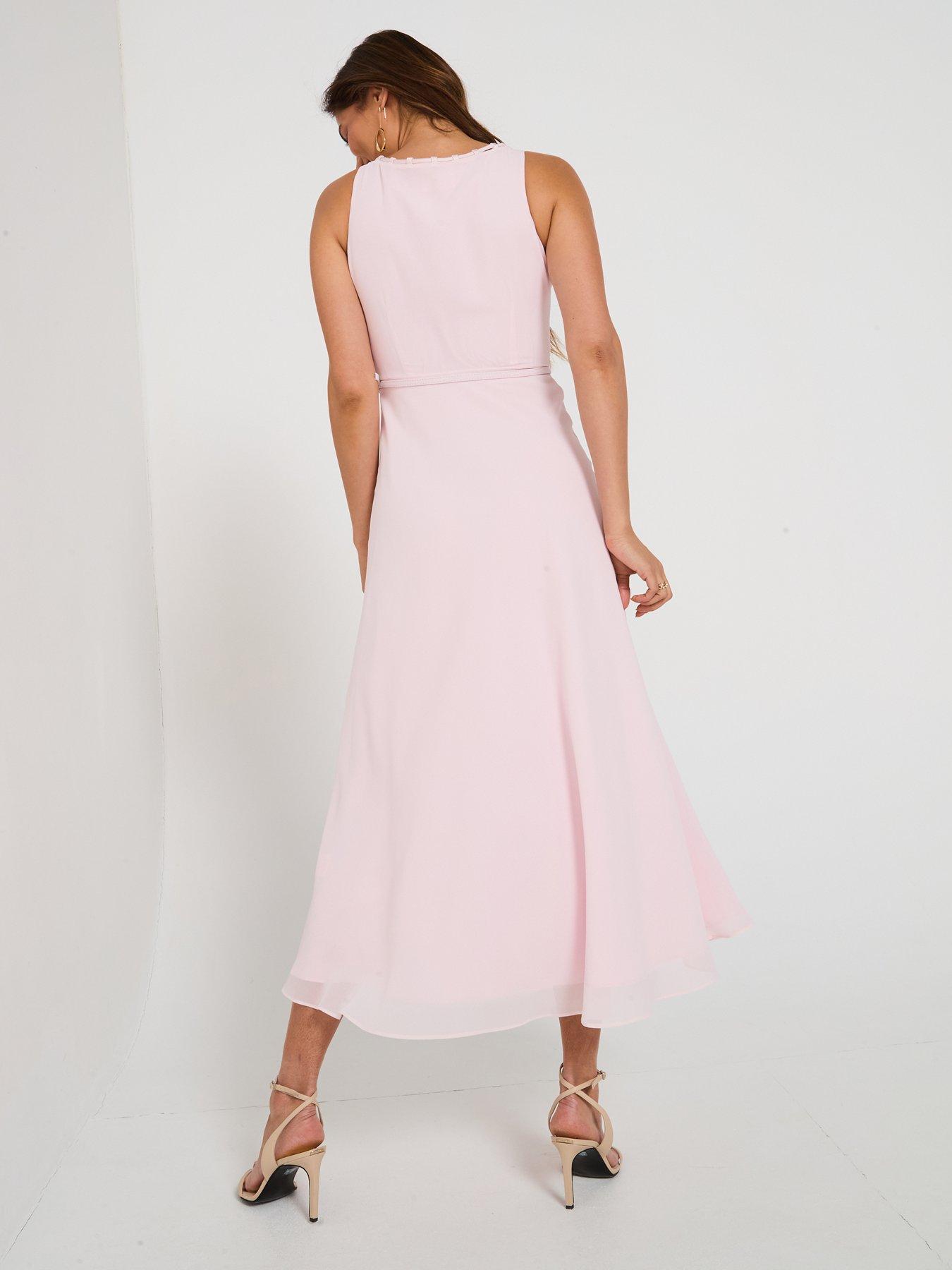 Image 6 of 6 of Six Stories Tailored Trim Detail Satin Midi Dress - Pink