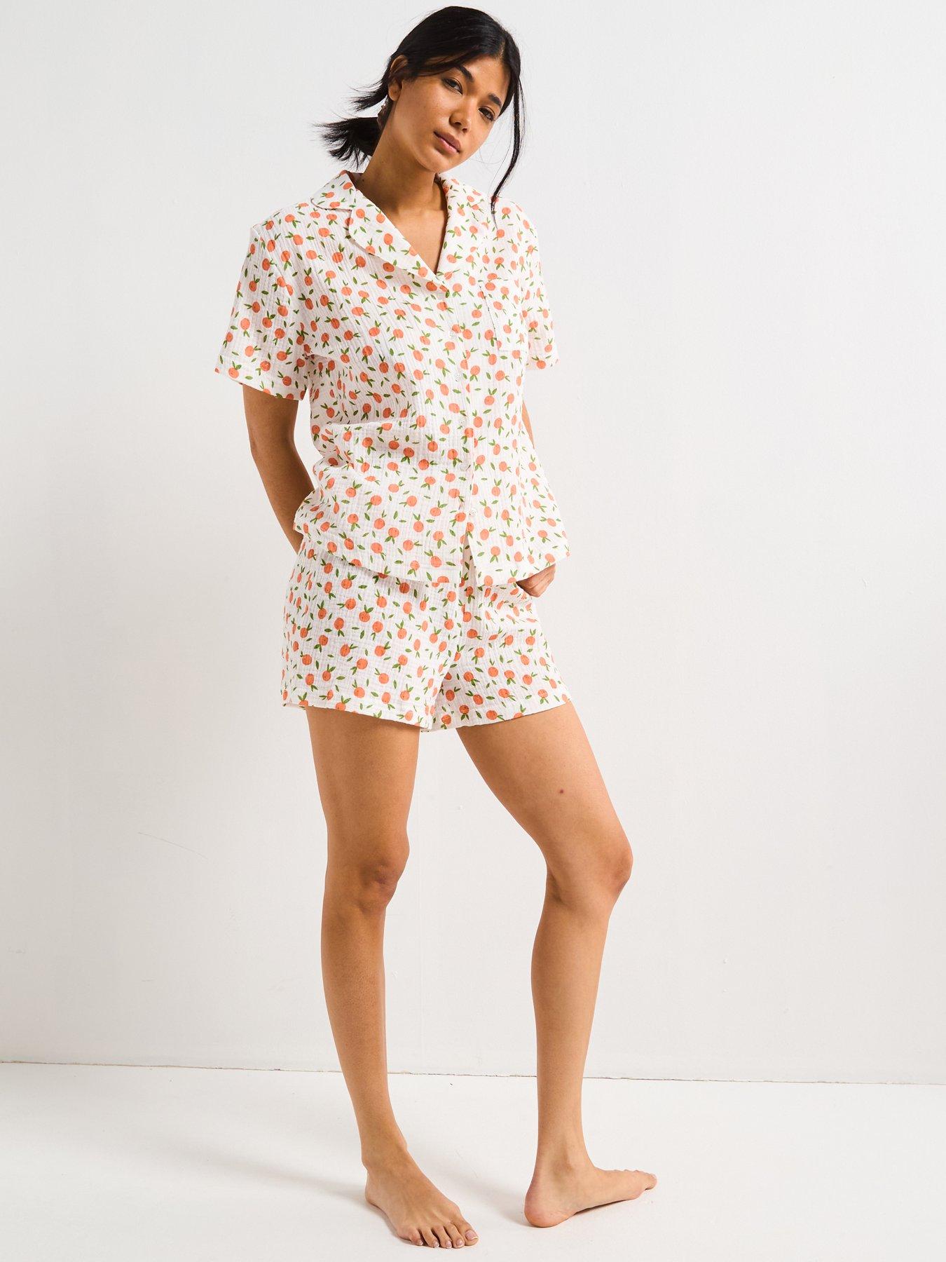 undefined Print Short Sleeve Revere Short Pj Set - Orange