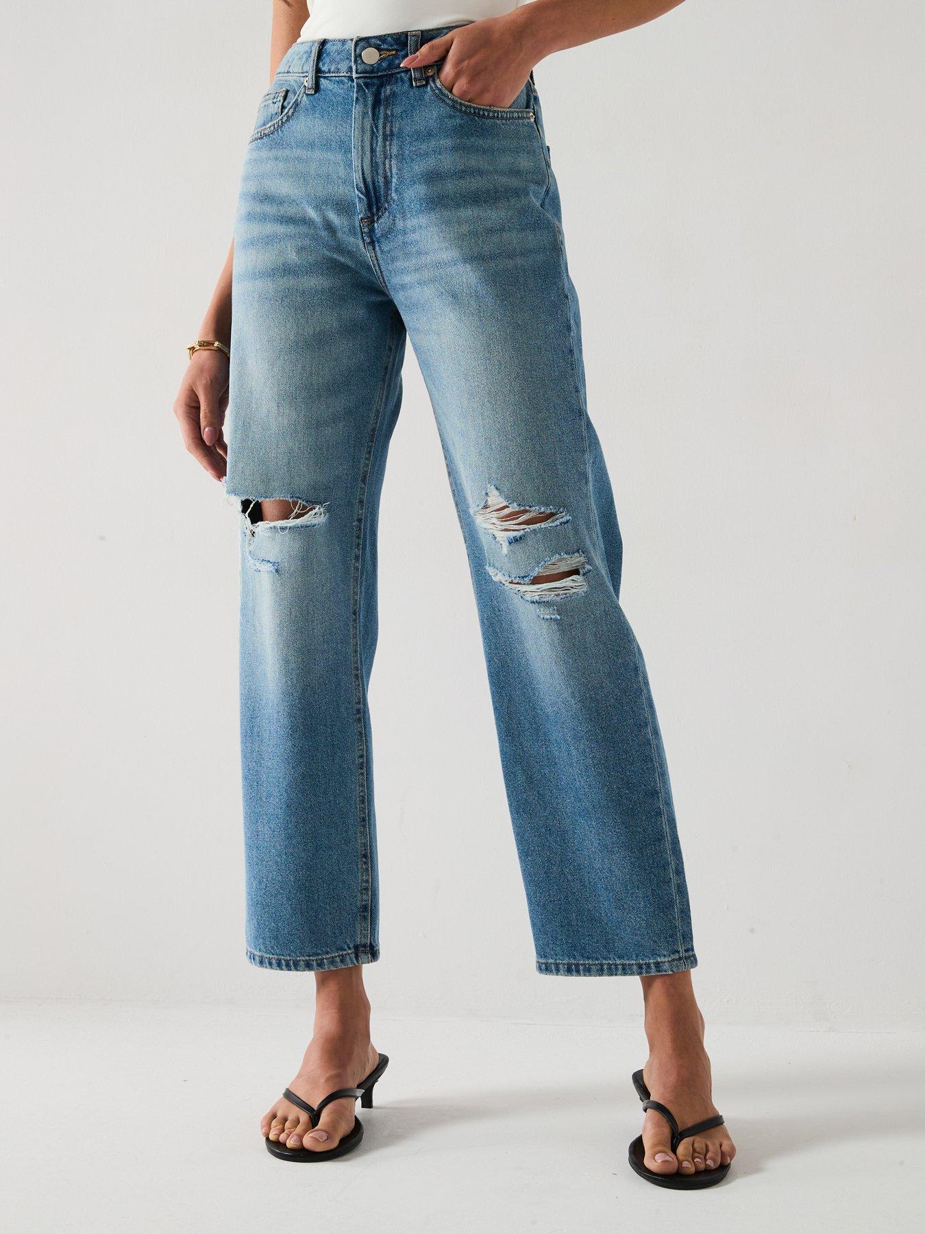 V by Very Distressed Authentic Boyfriend Jeans - Mid Wash