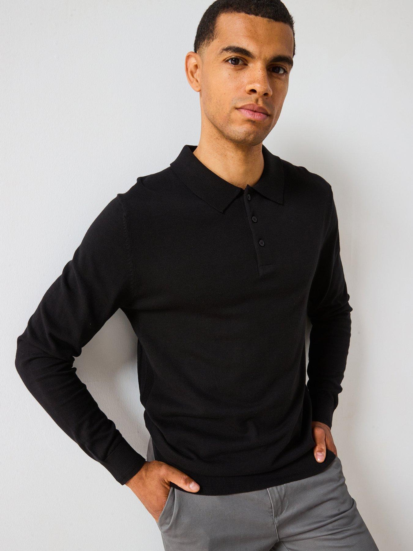 Image 1 of 6 of The Very Collection Cotton Rich Knitted Long Sleeve Polo Top - Black