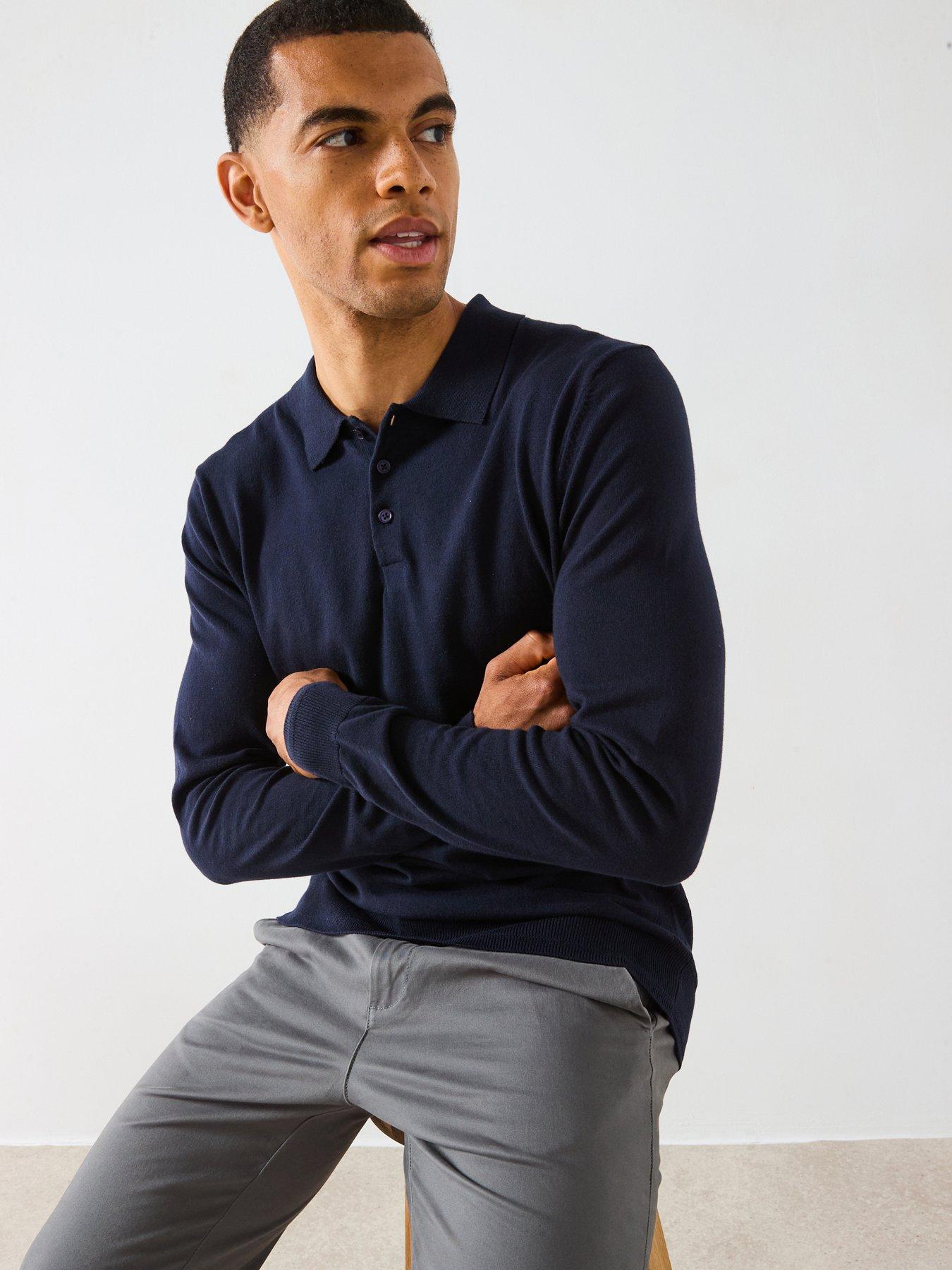 Image 1 of 5 of The Very Collection Cotton Rich Knitted Long Sleeve Polo Top - Navy