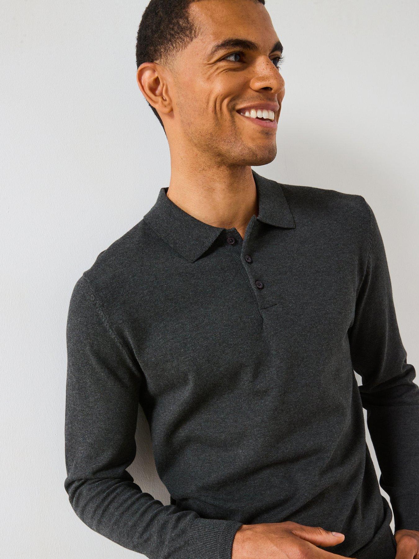 the-very-collection-cotton-rich-knitted-long-sleeve-polo-top-charcoal