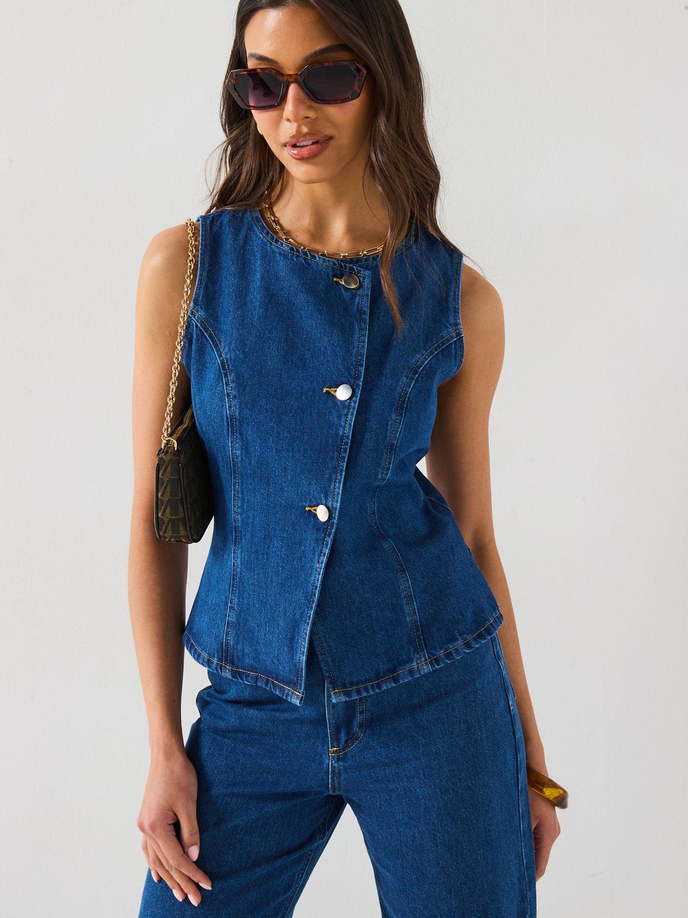undefined Denim Asymmetric Button Co-Ord Top - Mid Wash