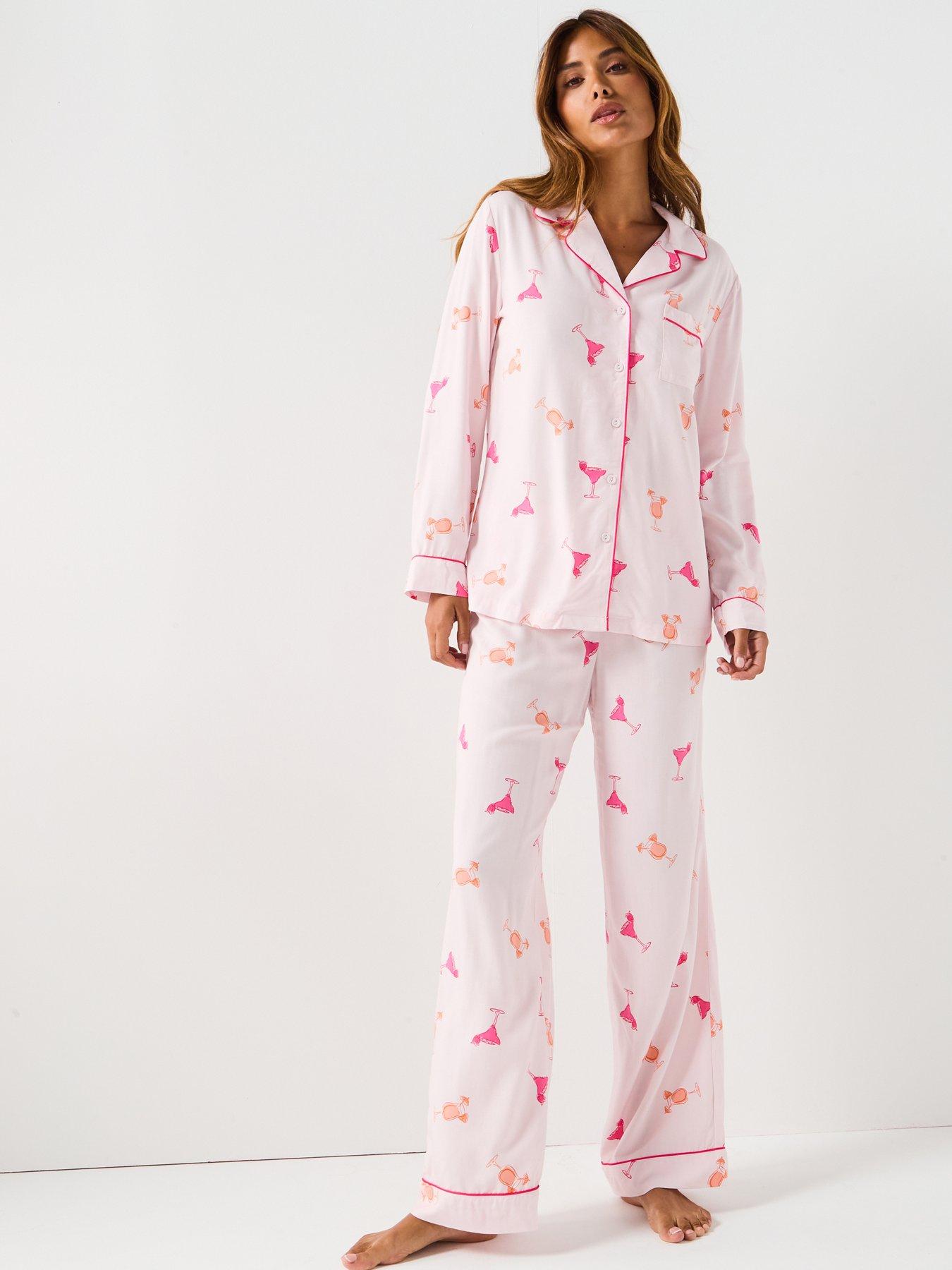 V by Very Cocktail Print Woven Revere Pj Set - Pink