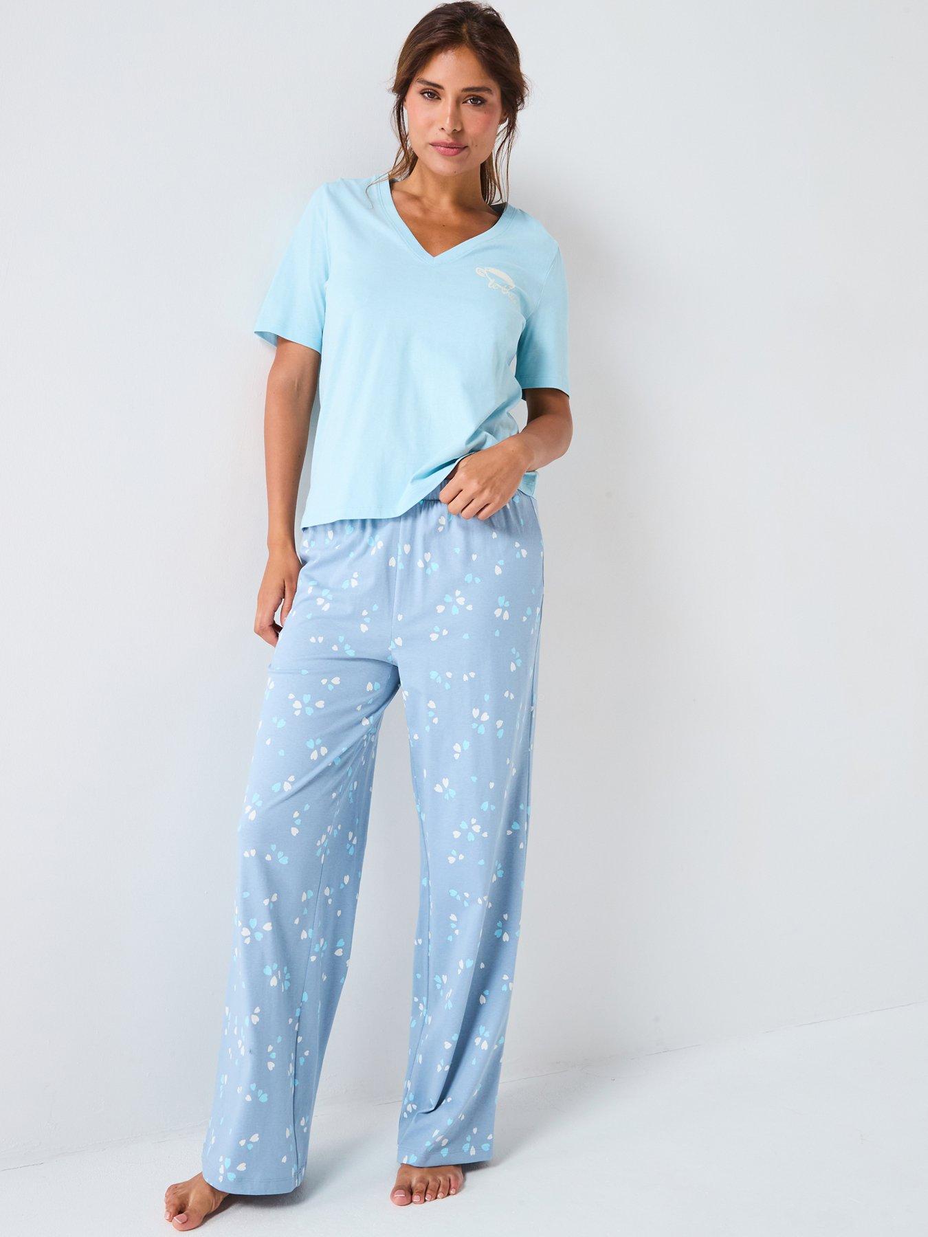 undefined V Neck Short Sleeve T-shirt With Heart Wide Leg Pyjama Set - Blue