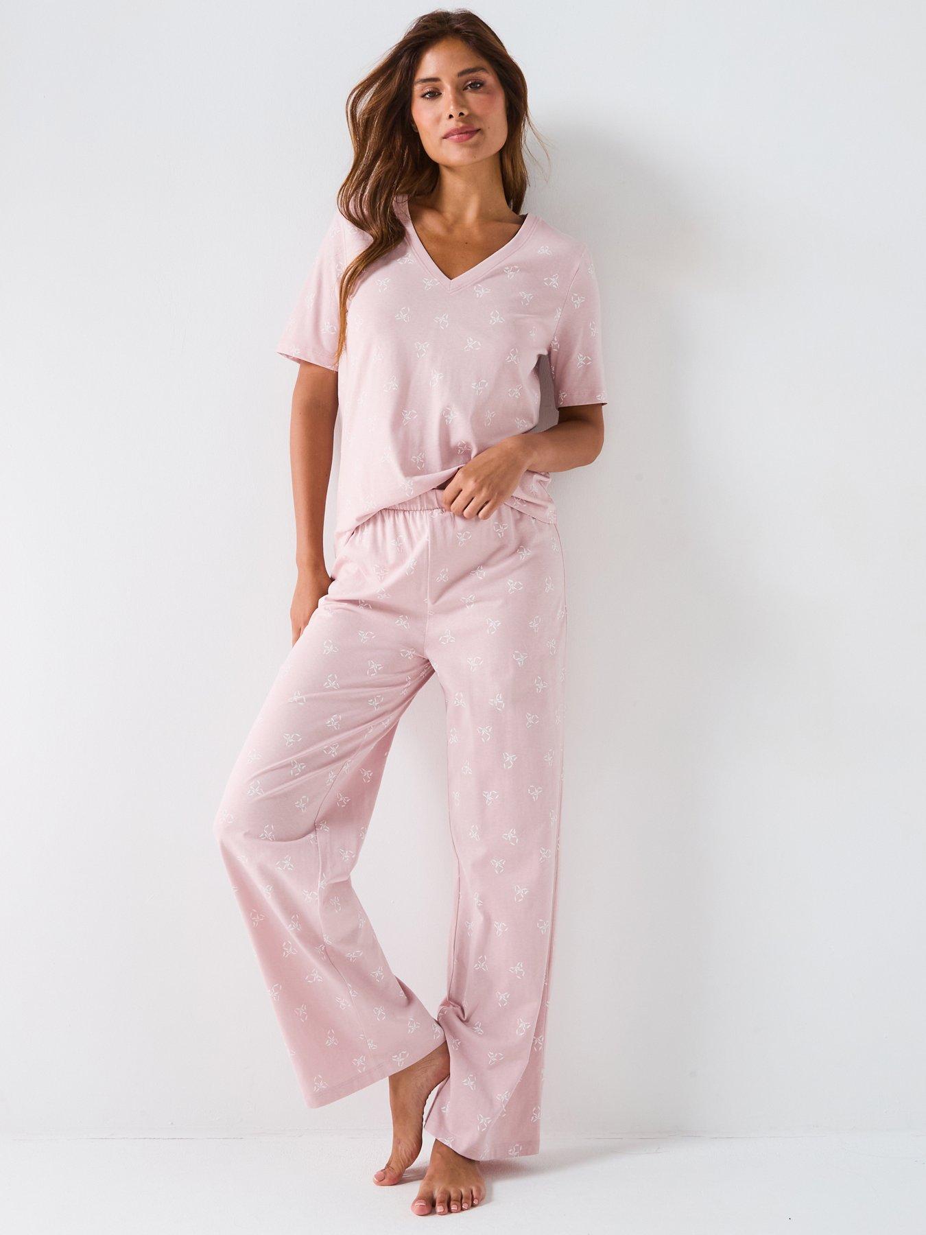 Everyday V Neck Ribbon Print Short Sleeve And Wide Leg Pyjama Set - Pink