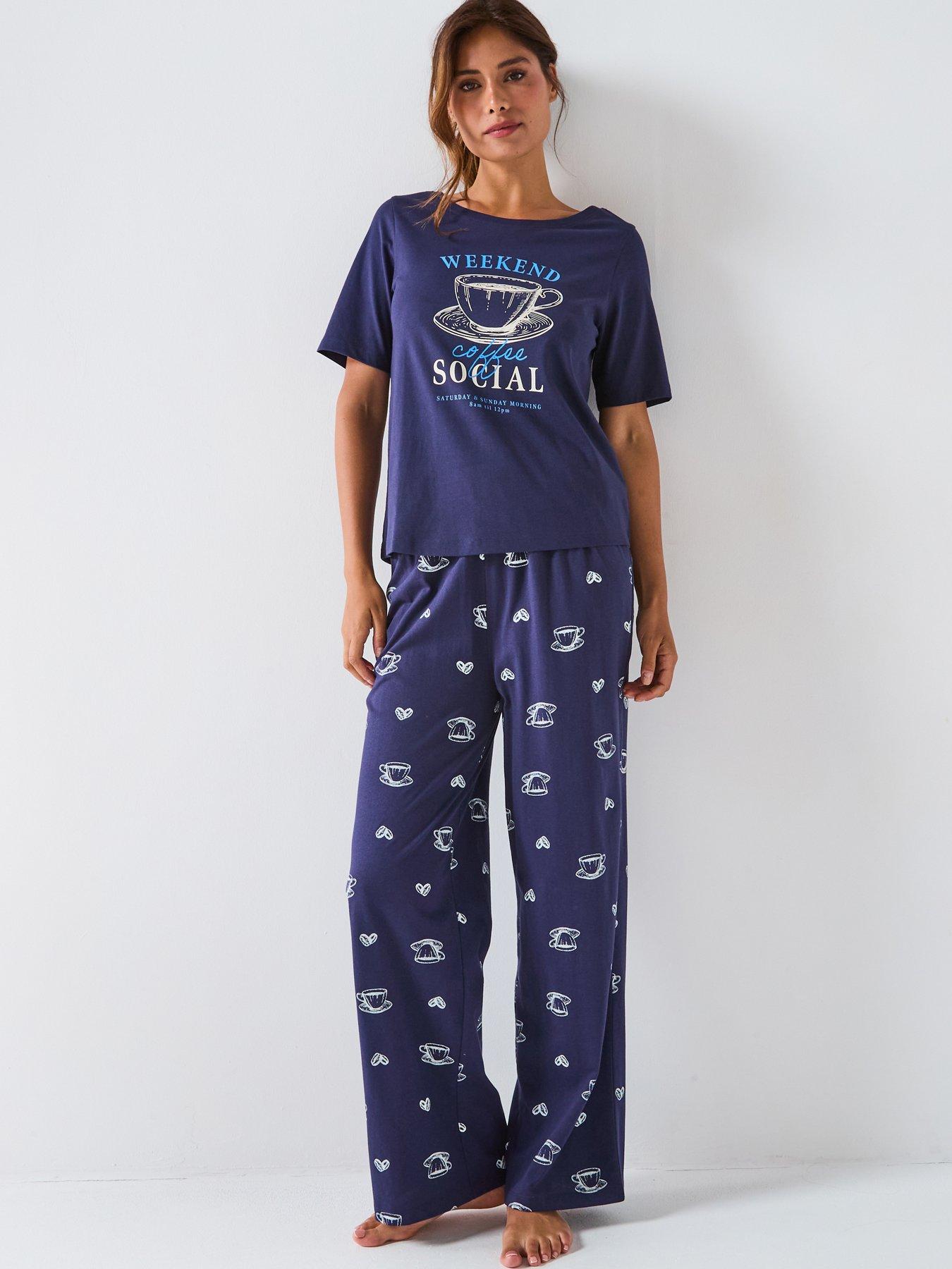 Everyday Short Sleeve Coffee Cup T-Shirt With Wide Leg Pj Set - Navy