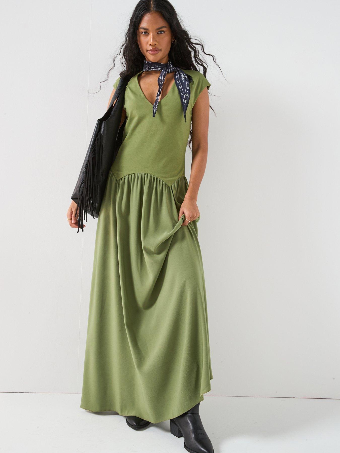 V by Very V Neck Drop Waist Midaxi Dress - Green