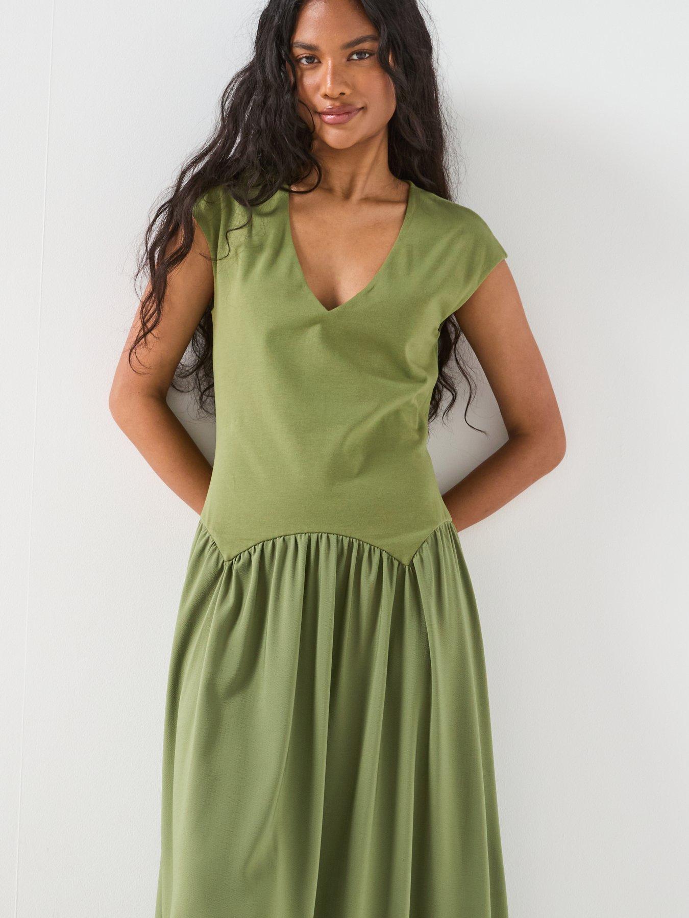 V by Very V Neck Drop Waist Midaxi Dress - Green | Very Ireland