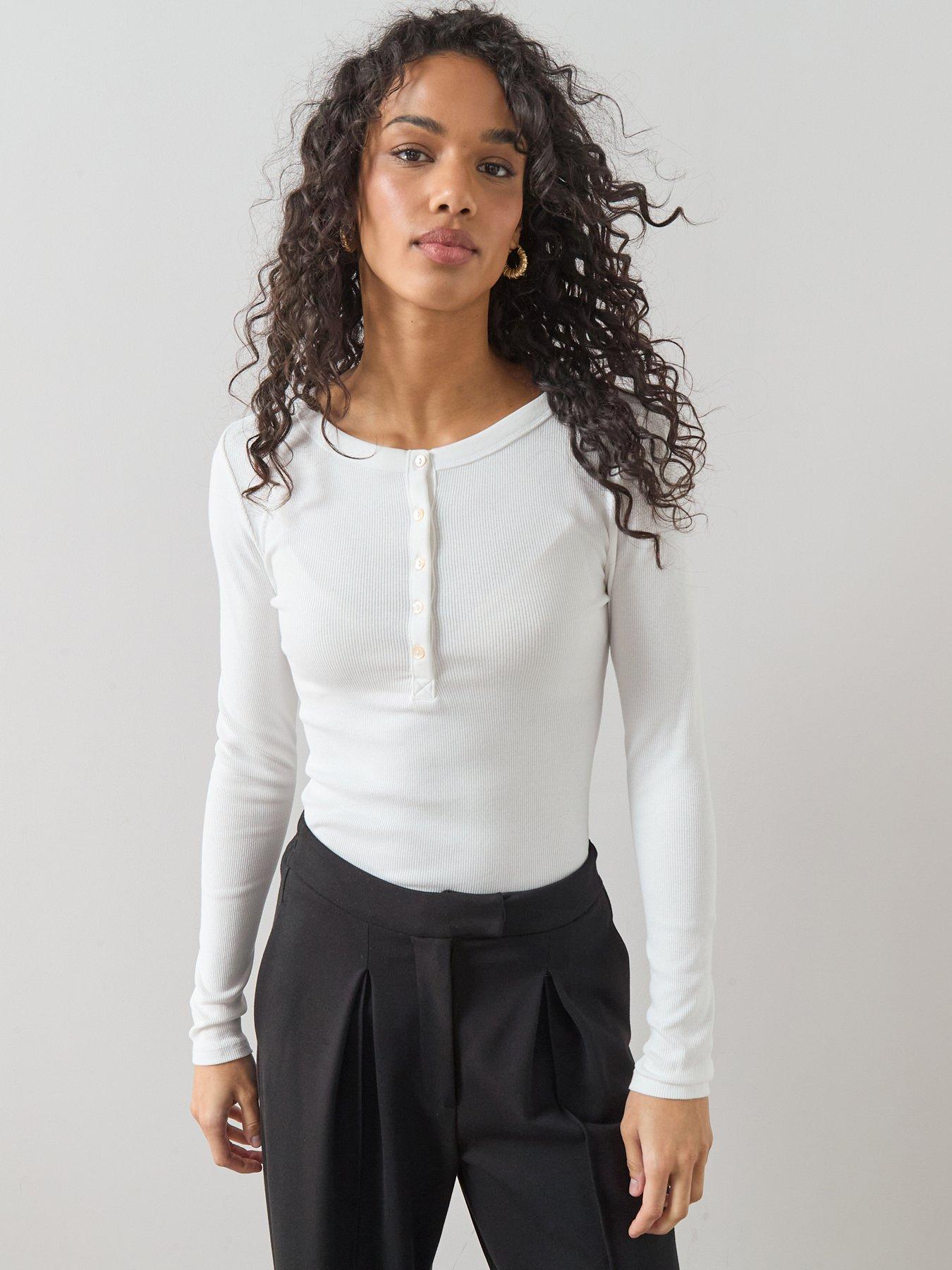 Image 1 of 6 of V by Very Long Sleeve Henley T-Shirt - White