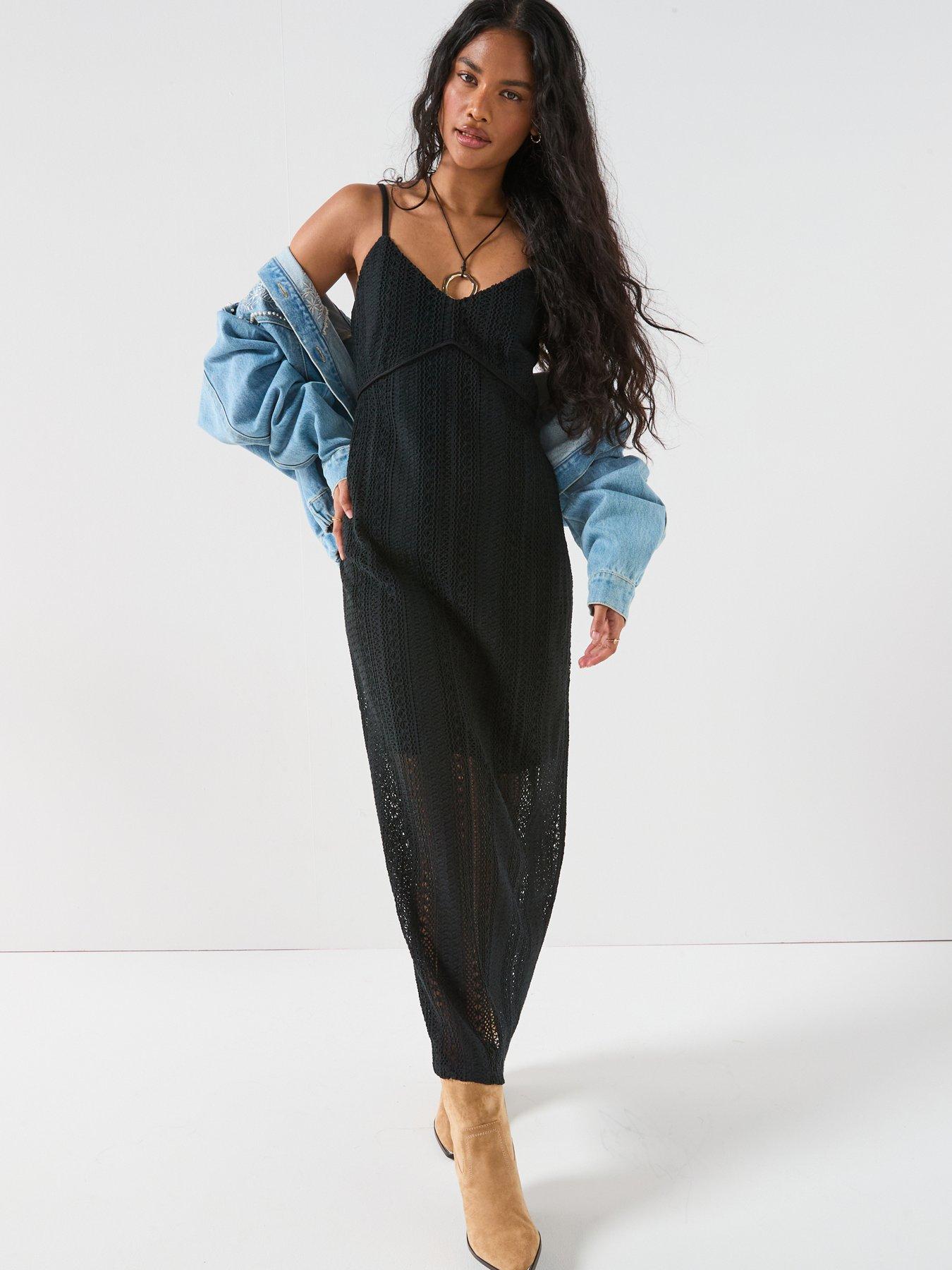 Image 1 of 6 of V by Very Strappy Lace Maxi Dress&nbsp;- Black