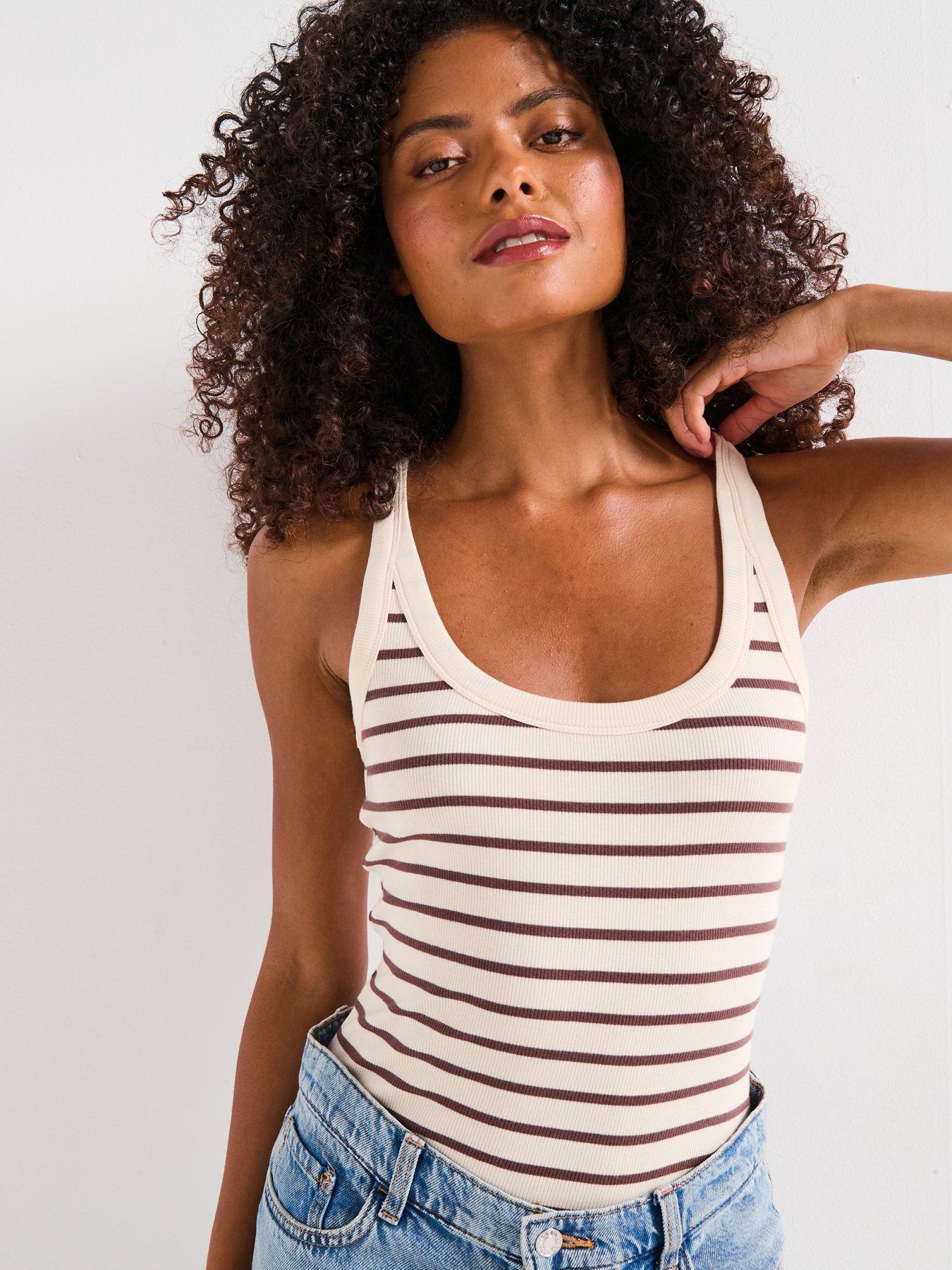 V by Very Scoop Rib Vest Stripe - Cream