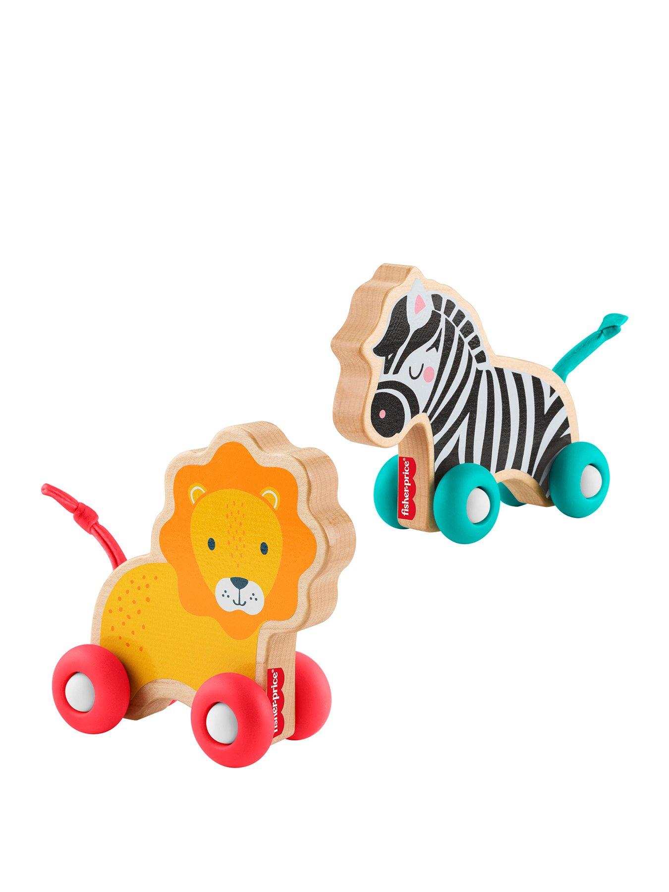 Image of Fisher-Price Wooden Push Along Animals, Lion  &  Zebra Toy Vehicles for Baby Crawling Play