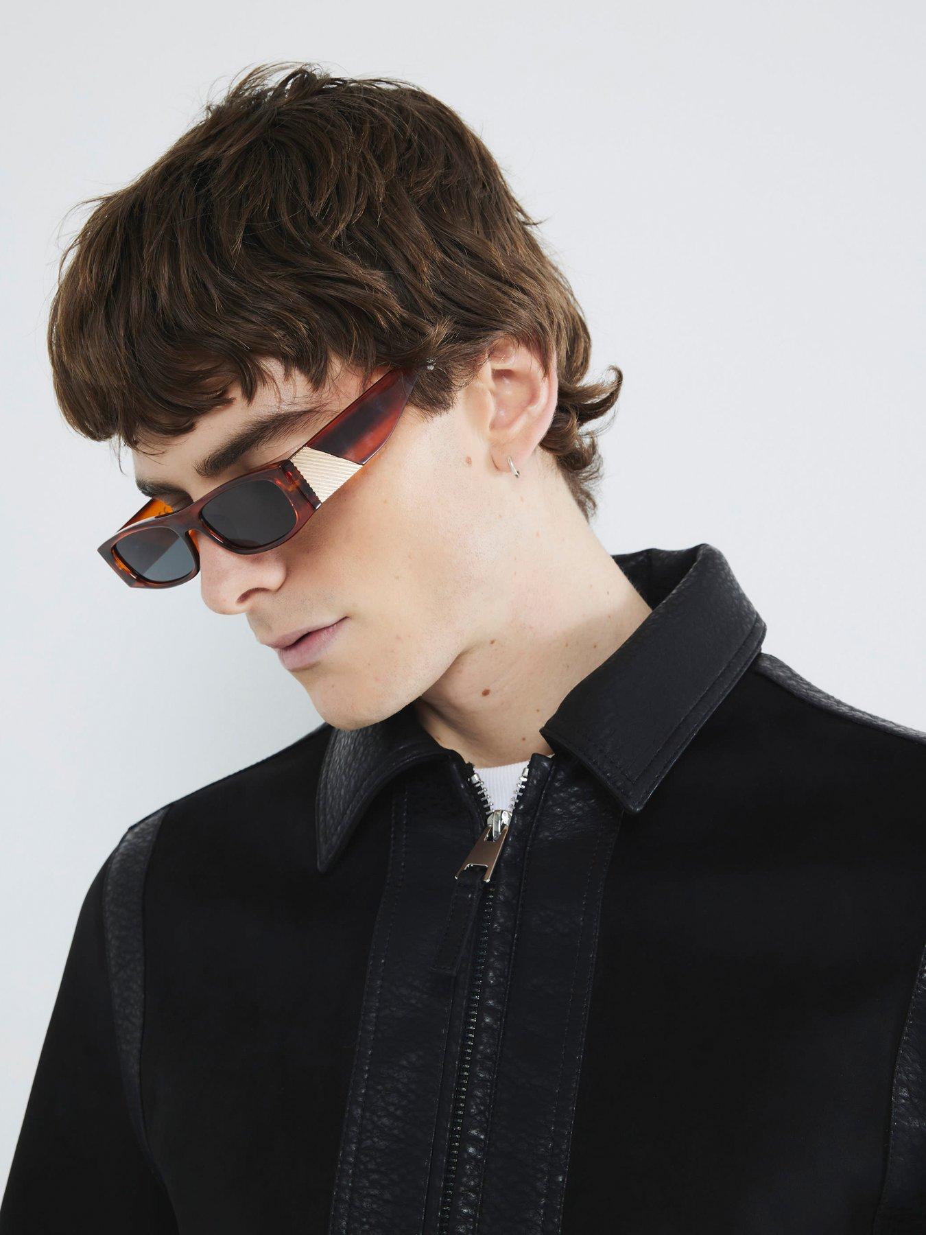 Image 1 of 4 of River Island Amber Slim Rectangle Sunglasses - Brown