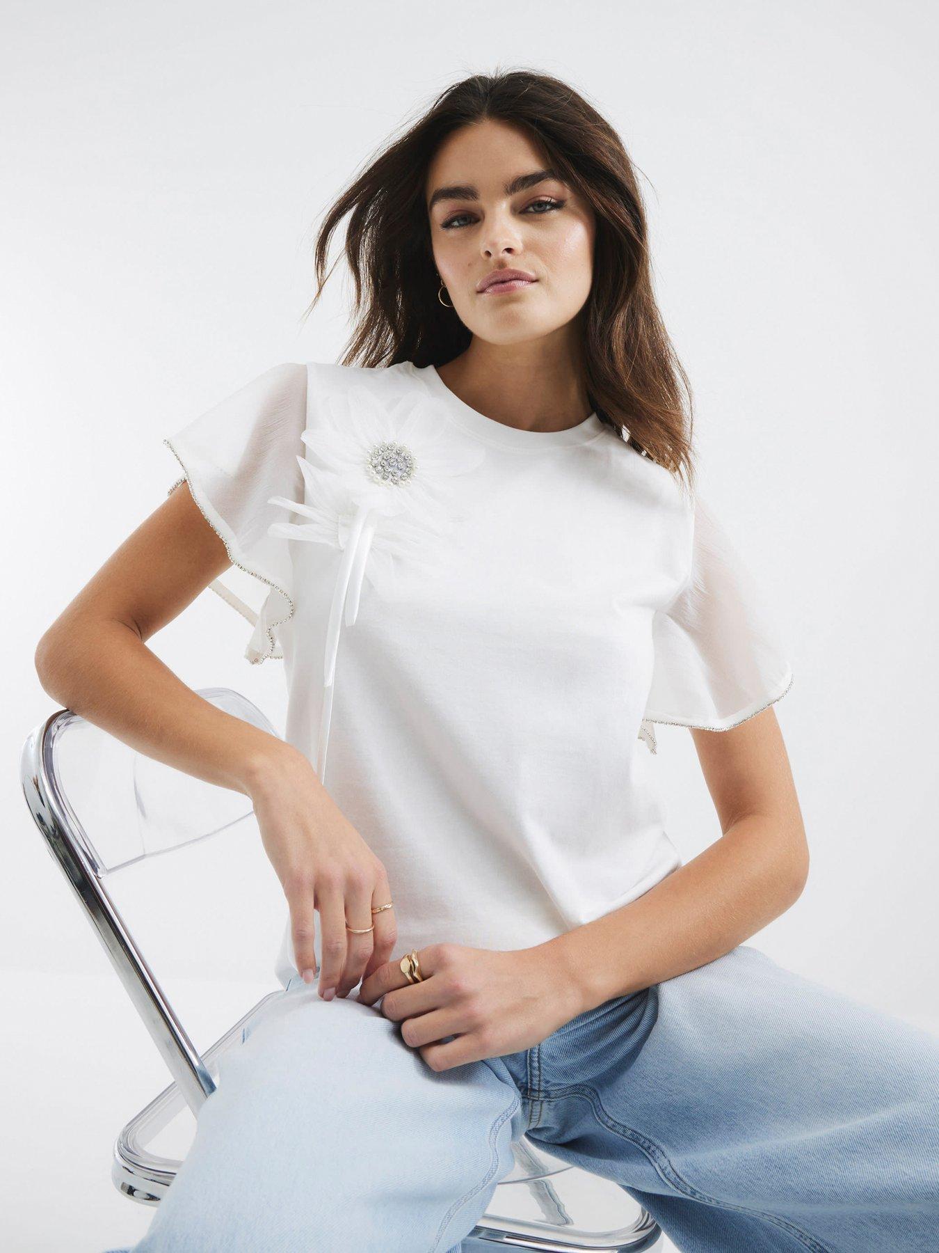 Image of River Island Diamante Flower Trim Top - White