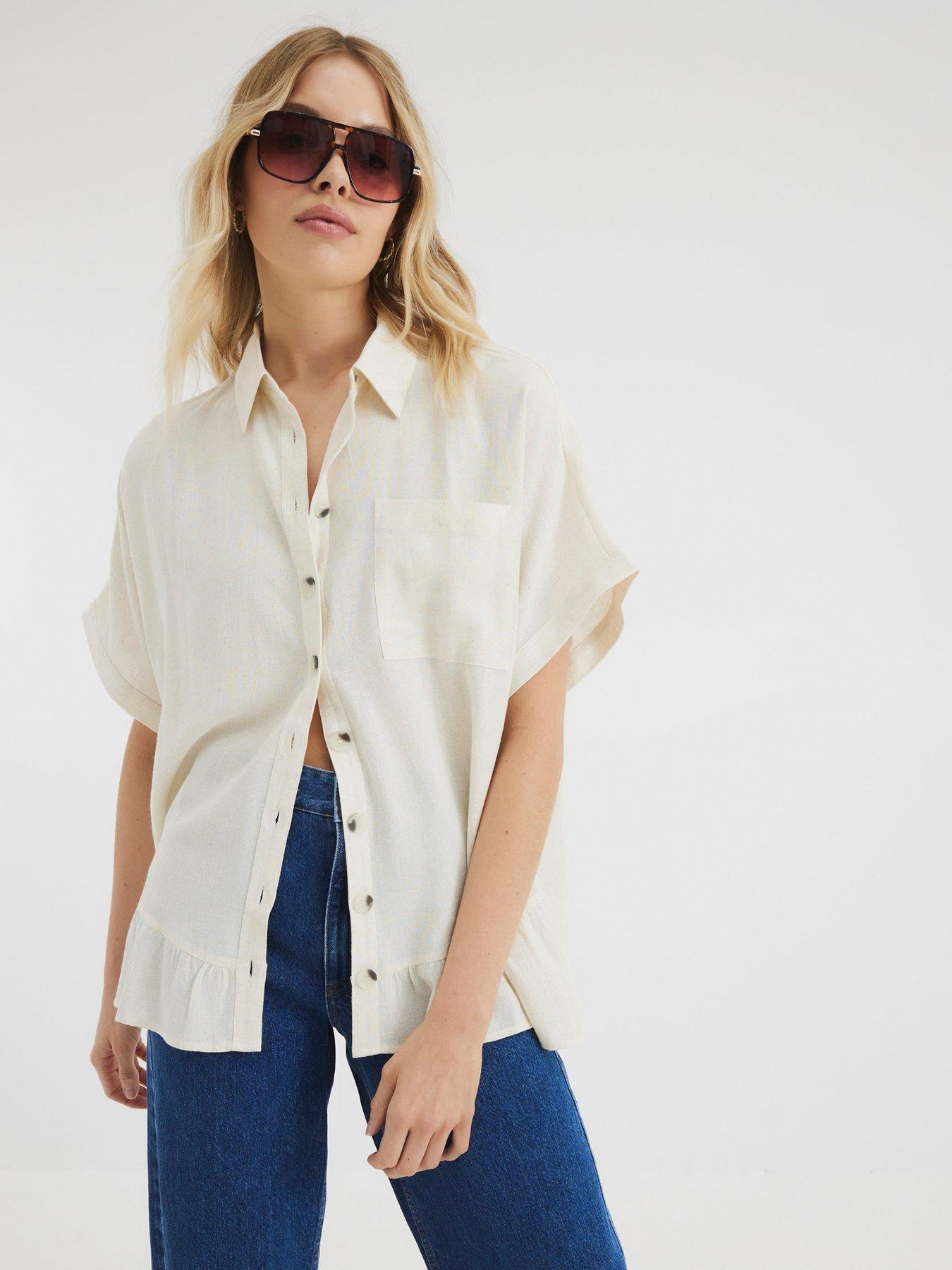 Image 1 of 4 of River Island Linen Tie Sleeve Shirt - Light Stone