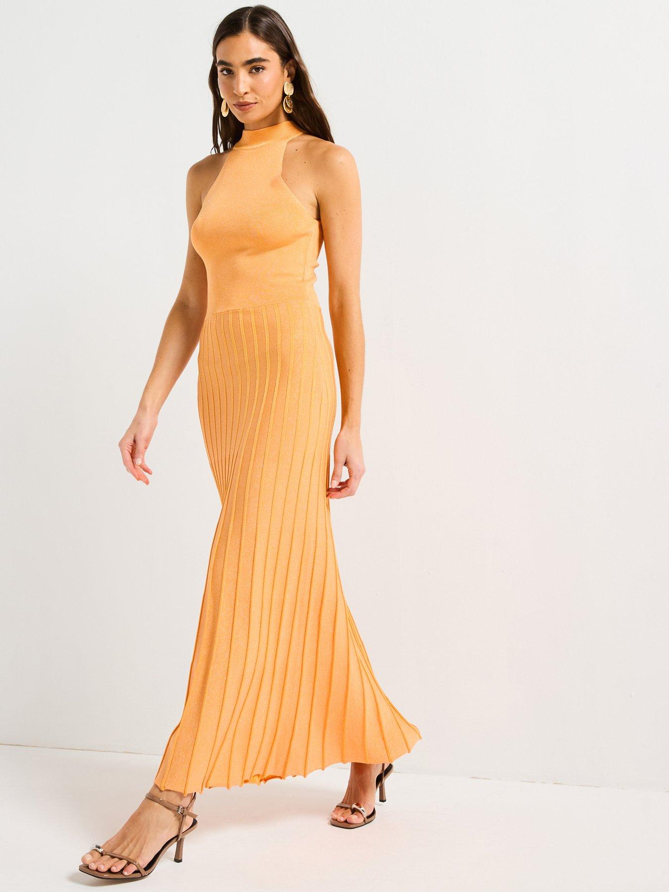 Image 1 of 5 of Style Cheat Knitted Shimmer Pleat Dress - Orange