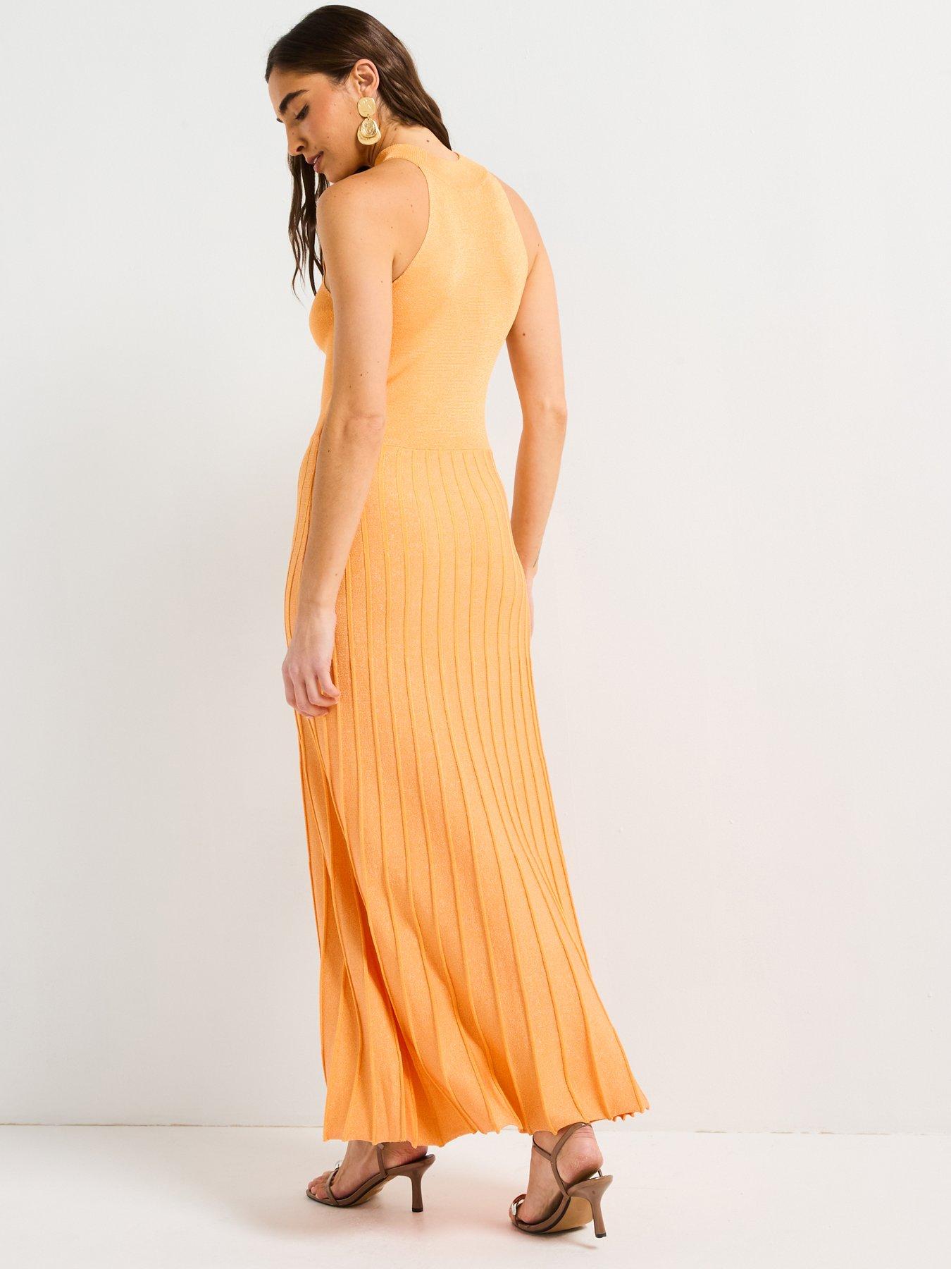 style-cheat-knitted-shimmer-pleat-dress-orangestillFront