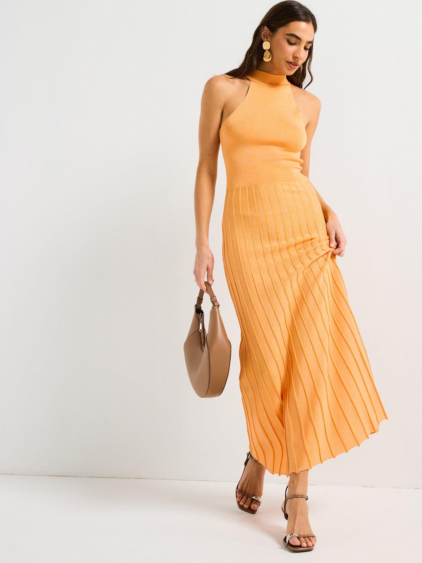 Image 3 of 5 of Style Cheat Knitted Shimmer Pleat Dress - Orange
