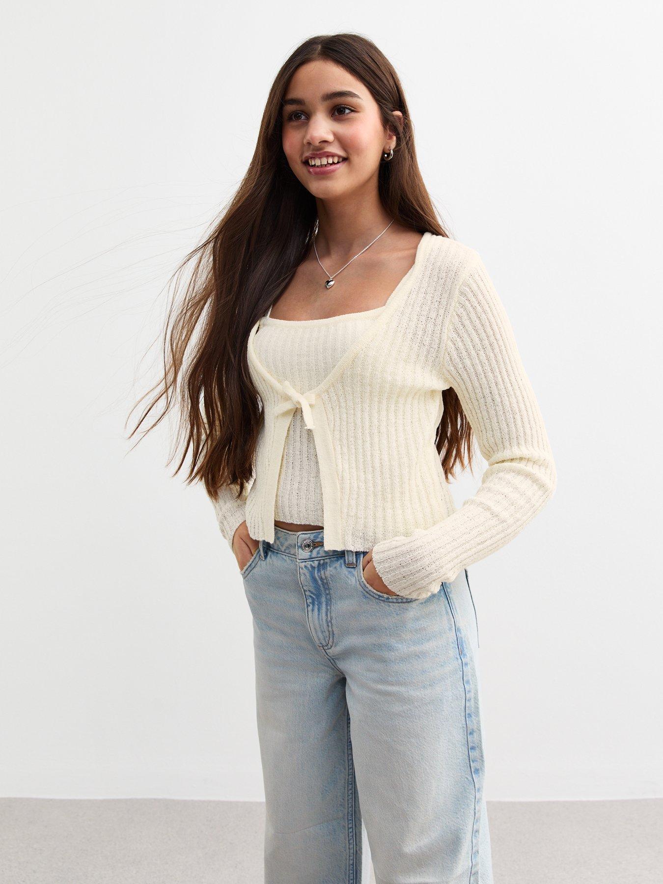 undefined Girls 2-In-1 Tie Front Cardigan - Cream