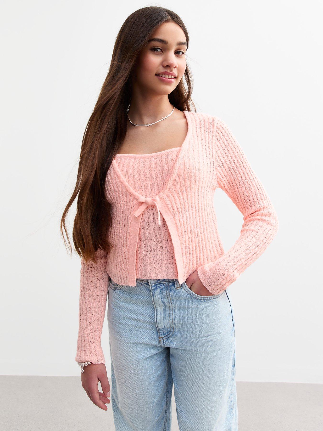 undefined Girls Pink 2-In-1 Tie Front Cardigan - Dark Pink