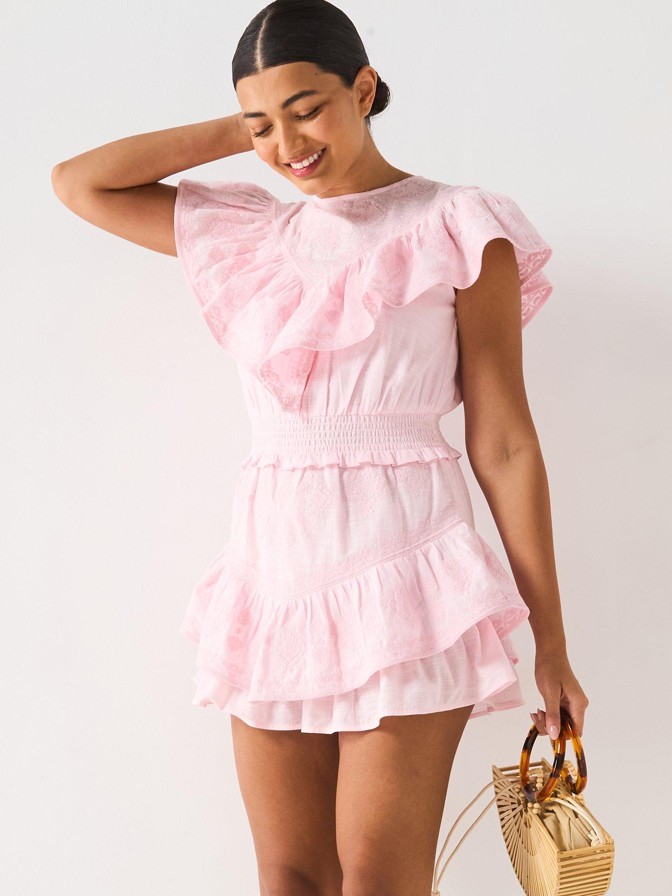 undefined Embroidered Frill Front Playsuit- Pink