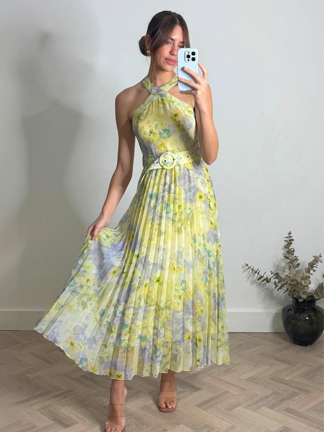 Image 1 of 4 of Style Cheat Paige Halter Neck Belted Pleated Dress - Multi