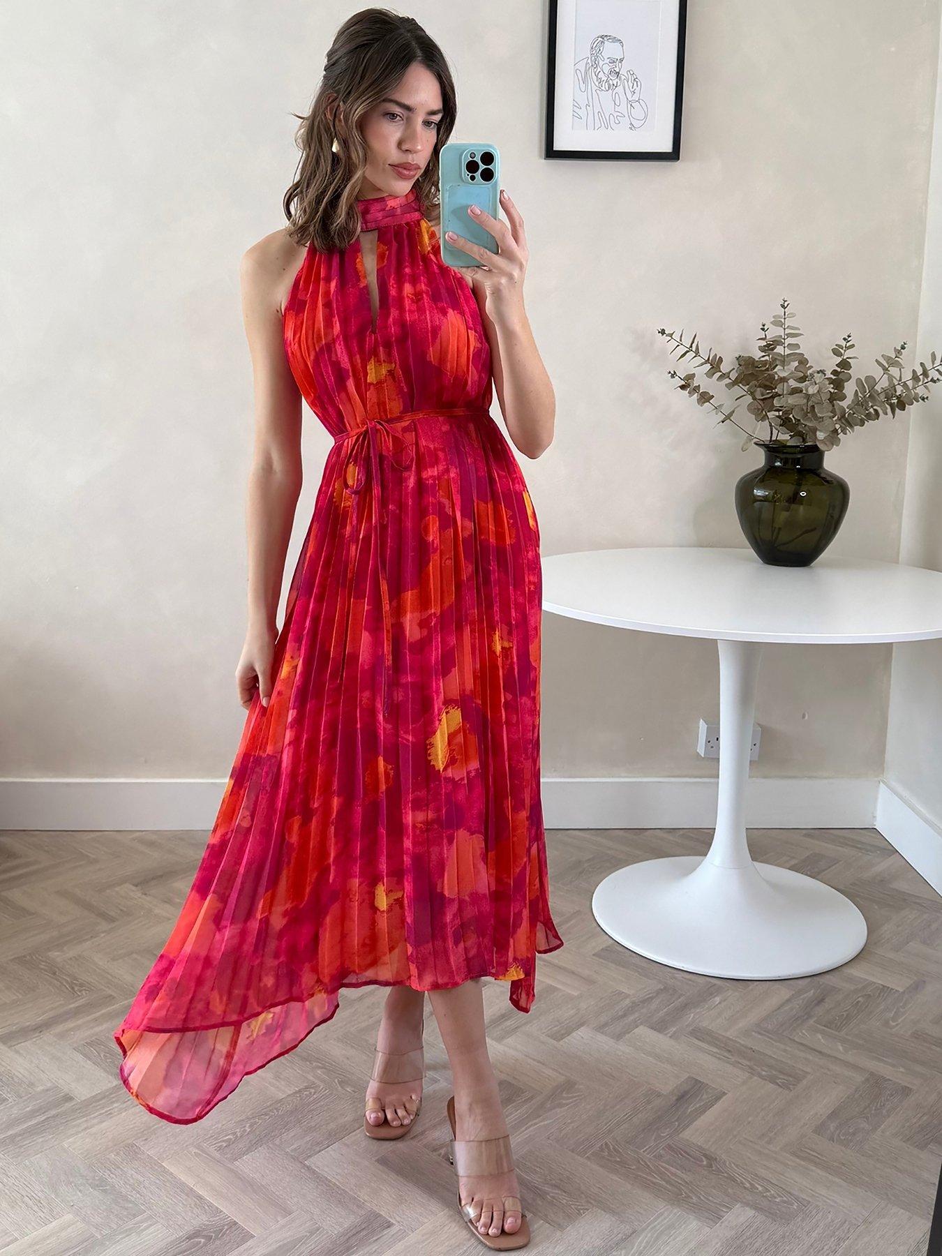 Style Cheat Halter Neck Pleated Trapeze Dress - Pink