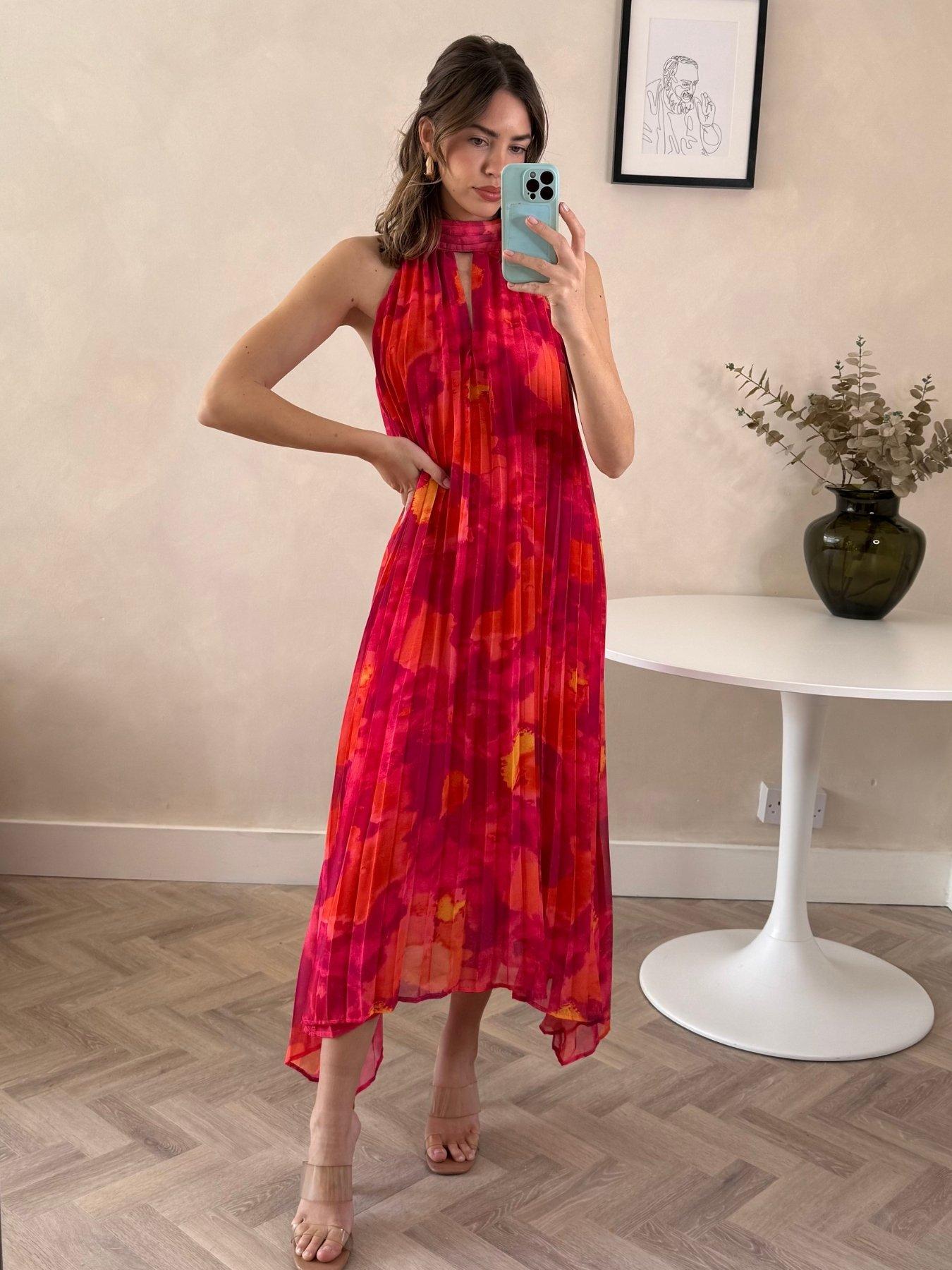 Image 2 of 4 of Style Cheat Halter Neck Pleated Trapeze Dress - Pink