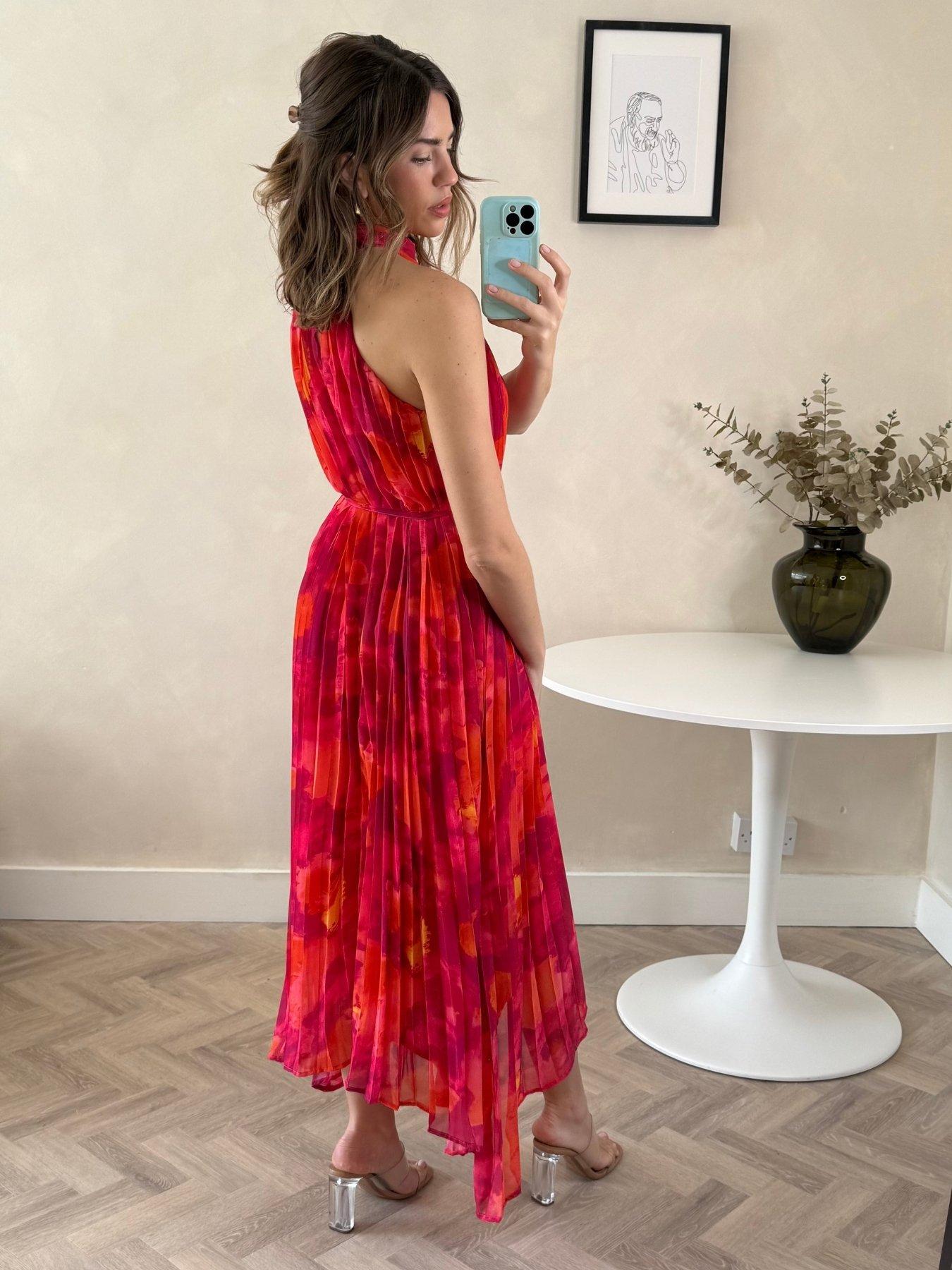 Image 3 of 4 of Style Cheat Halter Neck Pleated Trapeze Dress - Pink