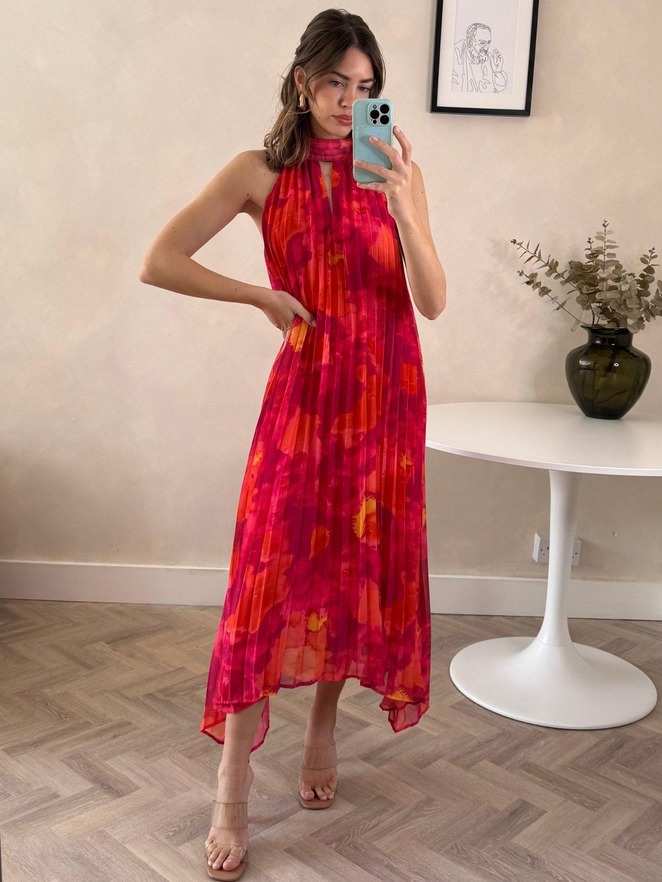Image 4 of 4 of Style Cheat Halter Neck Pleated Trapeze Dress - Pink