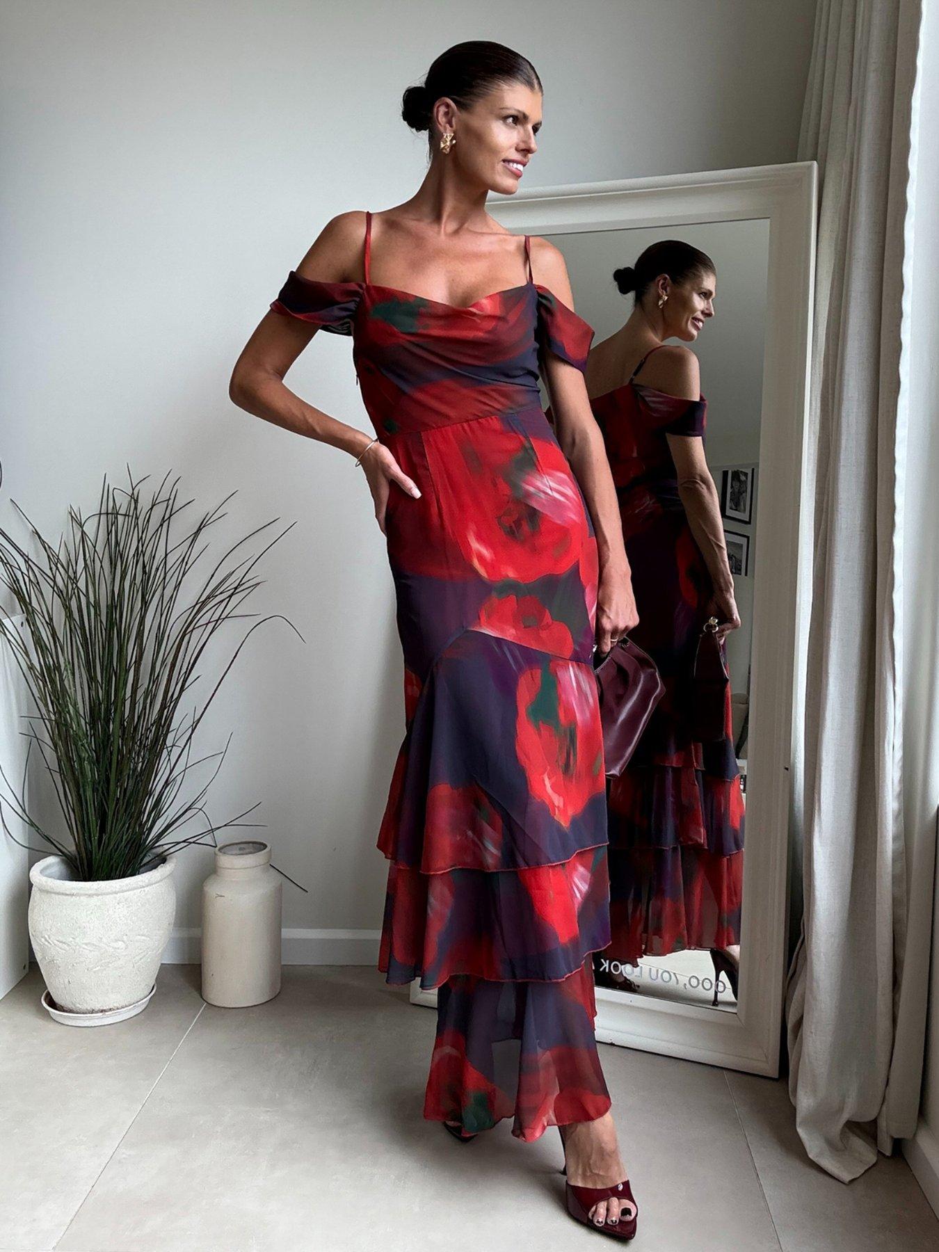 Image 1 of 4 of Style Cheat Strappy Ruffle Drape Maxi Dress - Multi