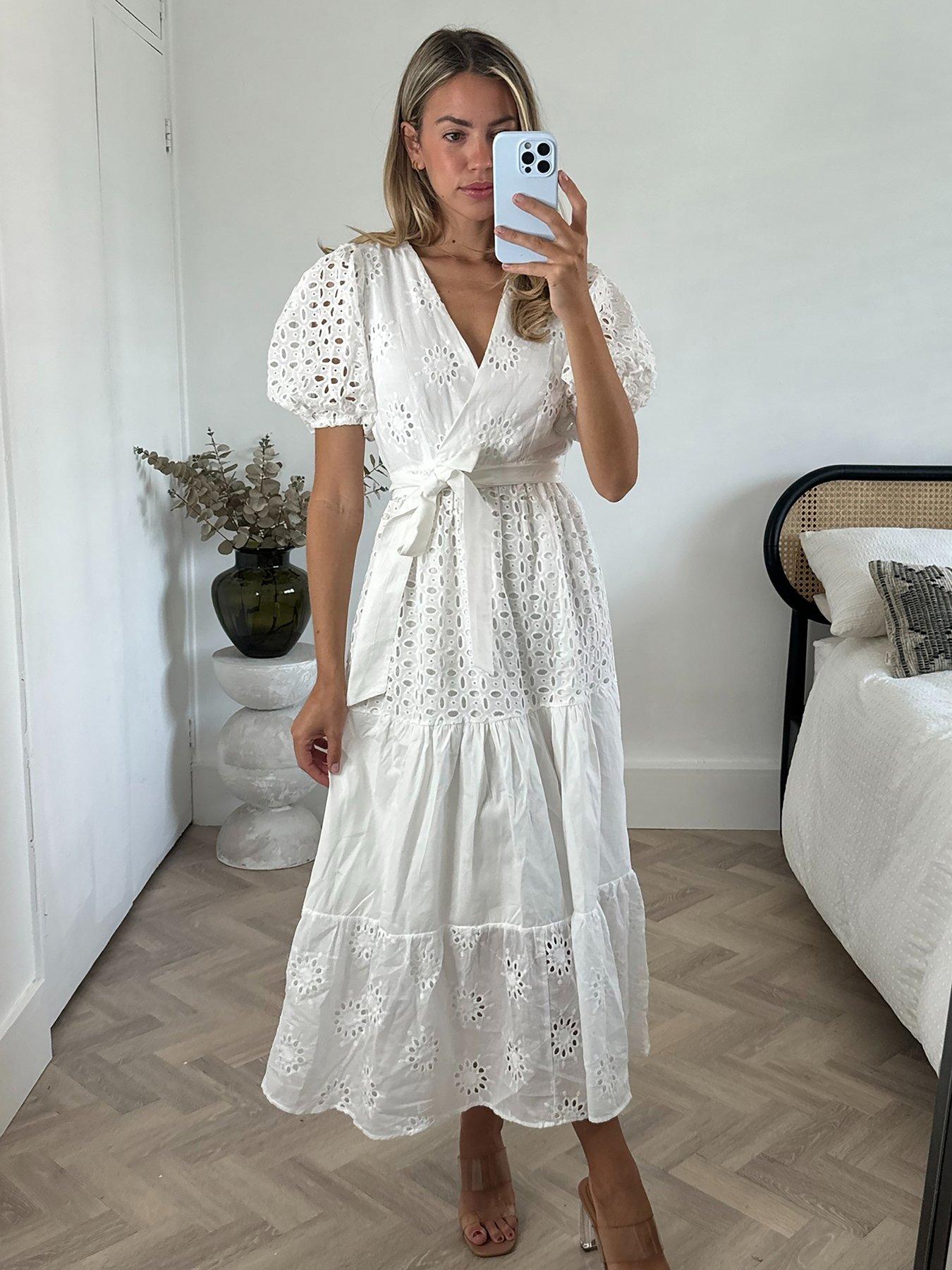 undefined Claudia Puff Sleeve Broderie Tie Dress - White