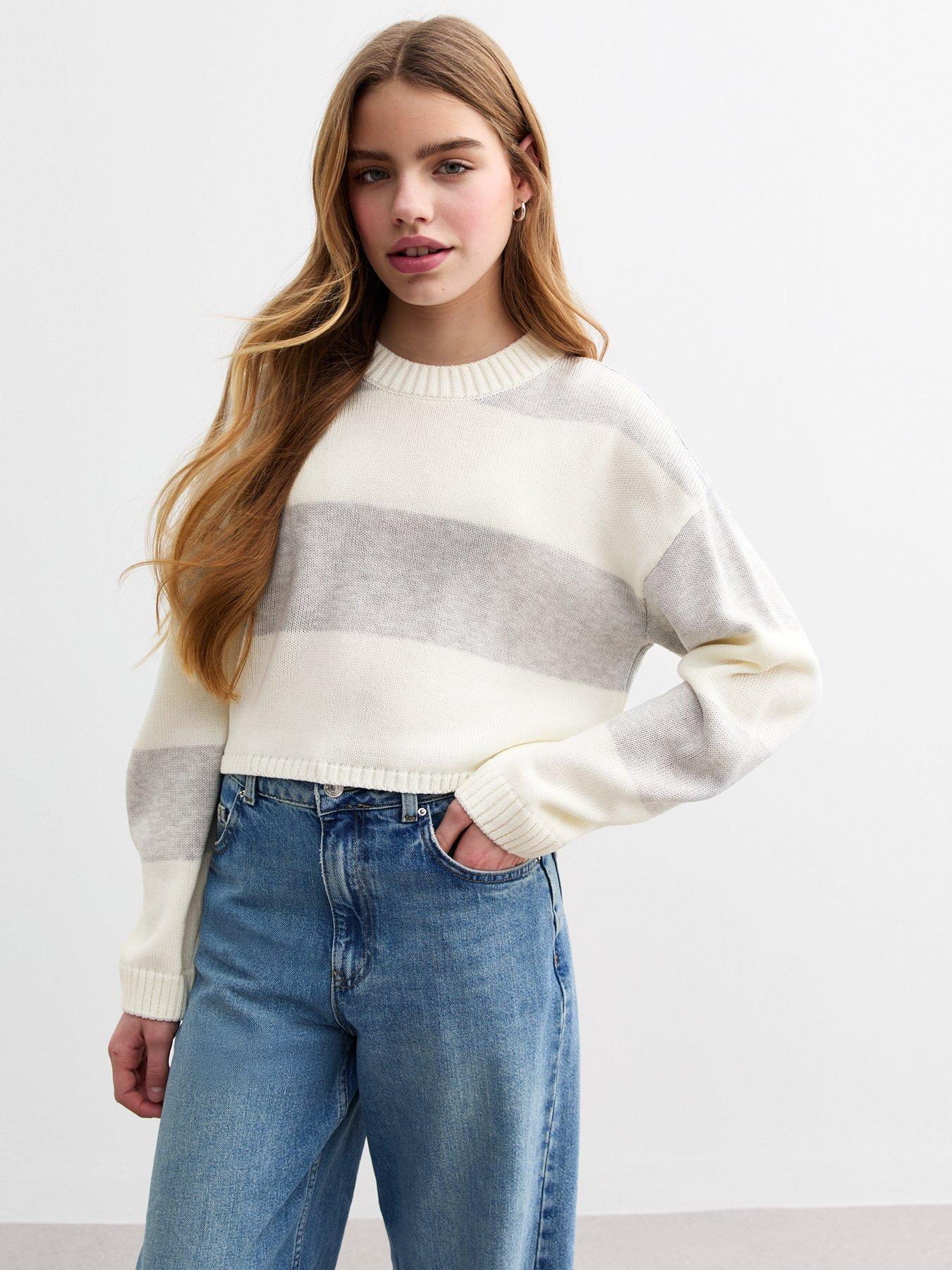 undefined Girls Light Grey Cropped Stripe Knit Jumper